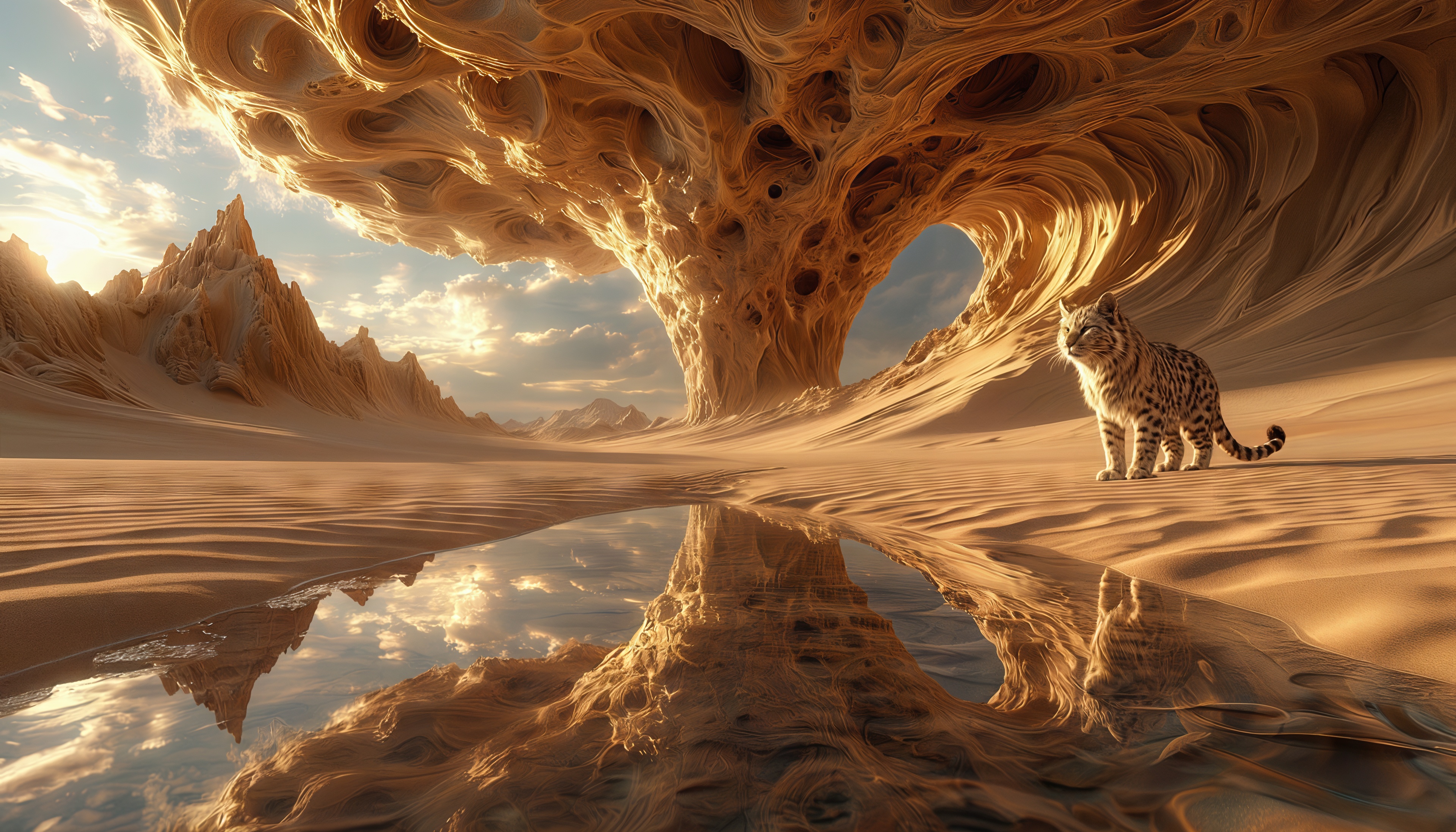 免费照片在镜面水附近的超现实主义沙漠背景上的豹子。