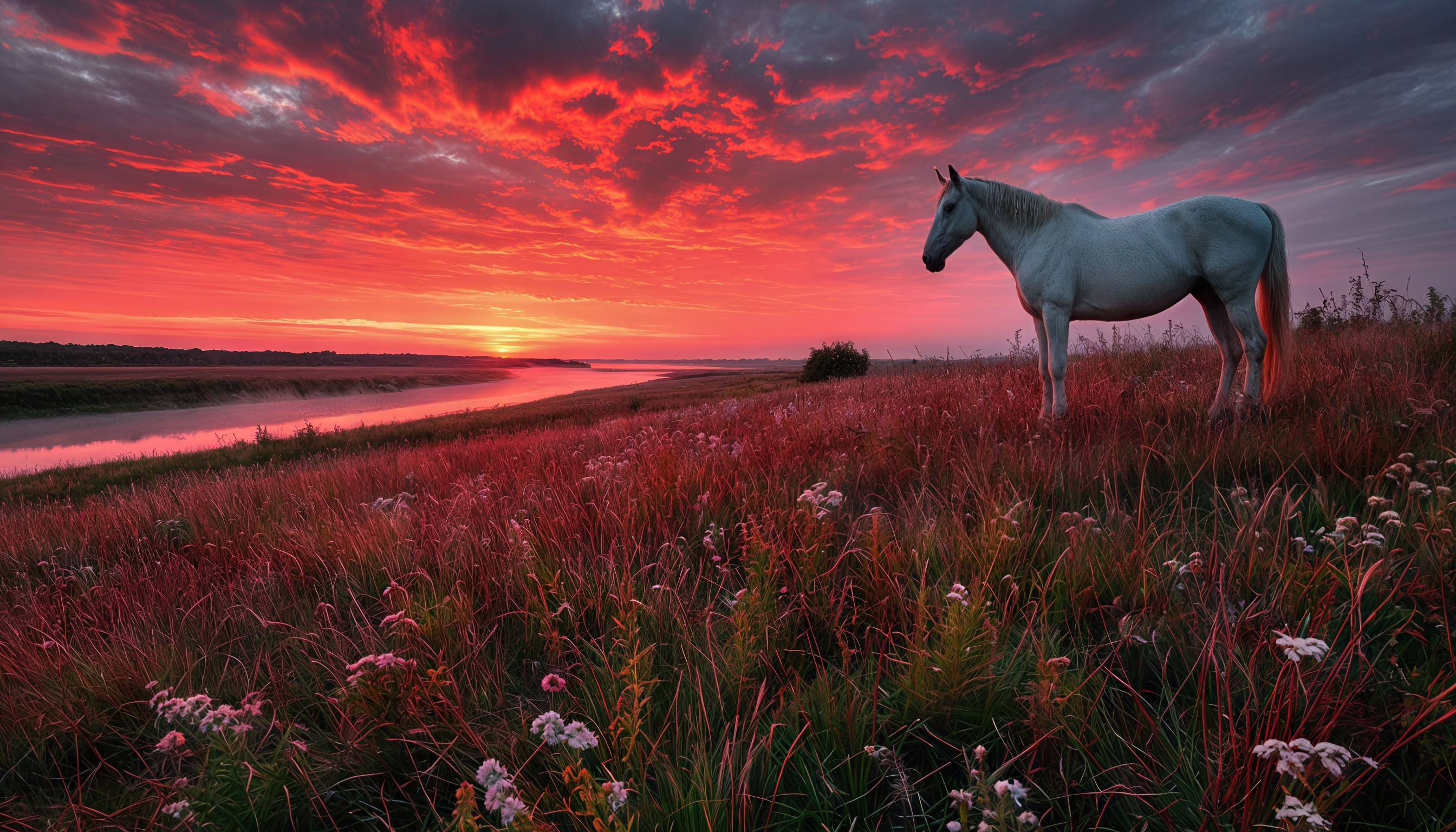Бесплатное фото Белая лошадь на фоне заката, отражающегося в водоеме.