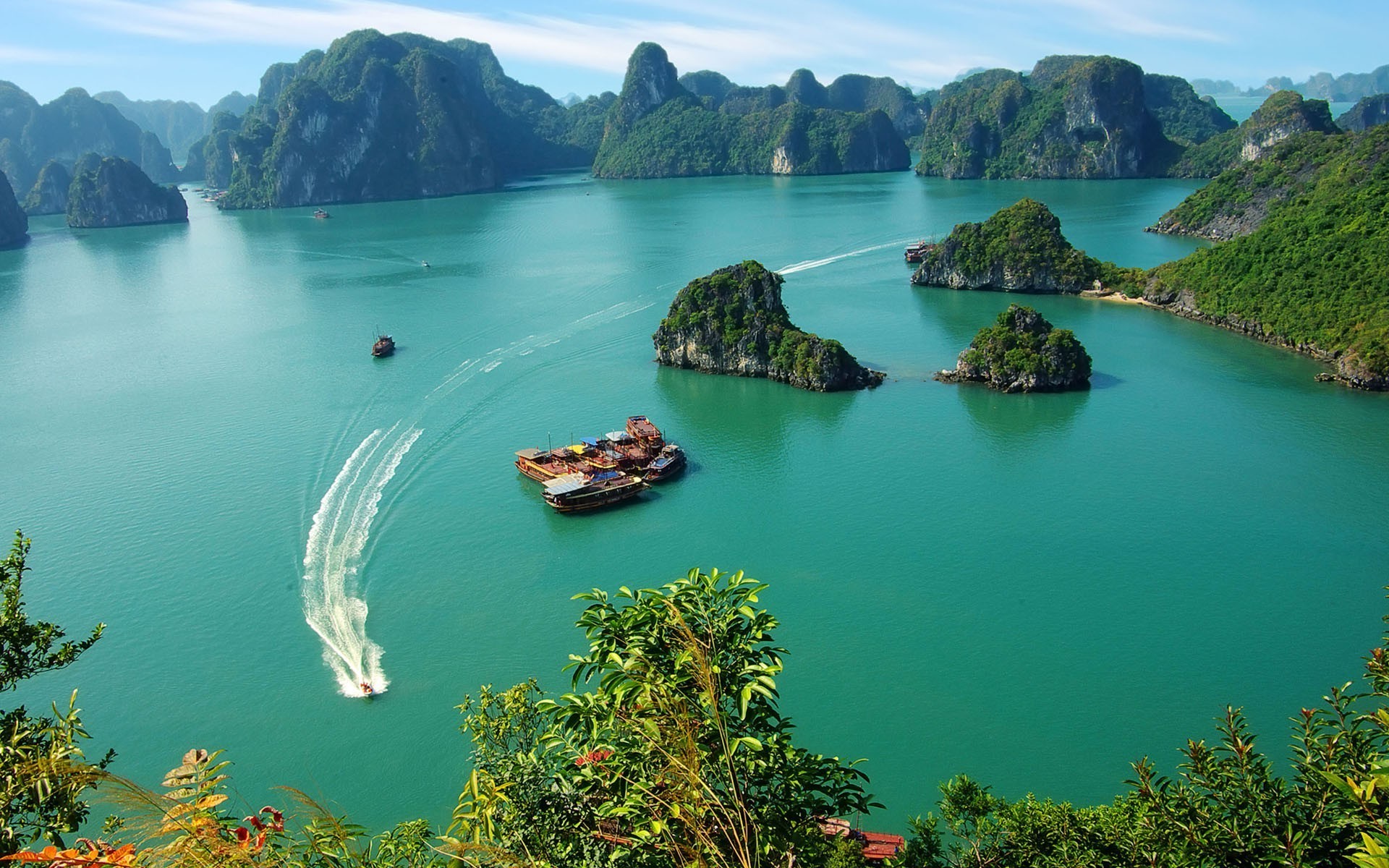 Halong Bay in Vietnam with its limestone islands and turquoise waters.
