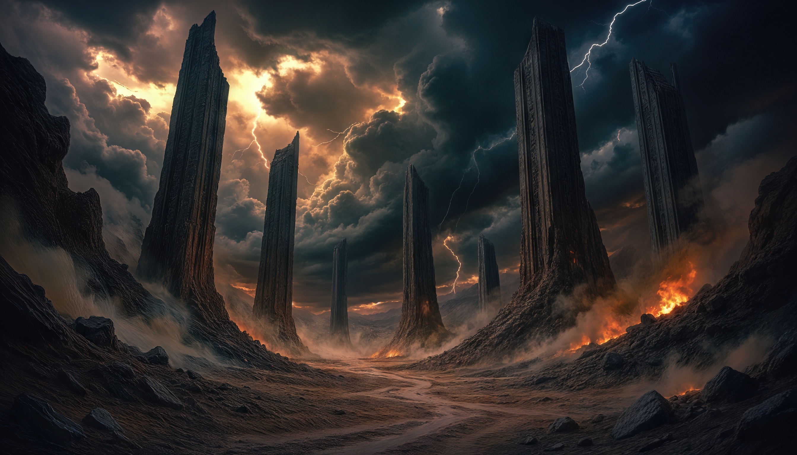 Бесплатное фото Фантастический постапокалиптический пейзаж с дорогой, окруженной гигантскими столбами, молниями и огнями вдали.