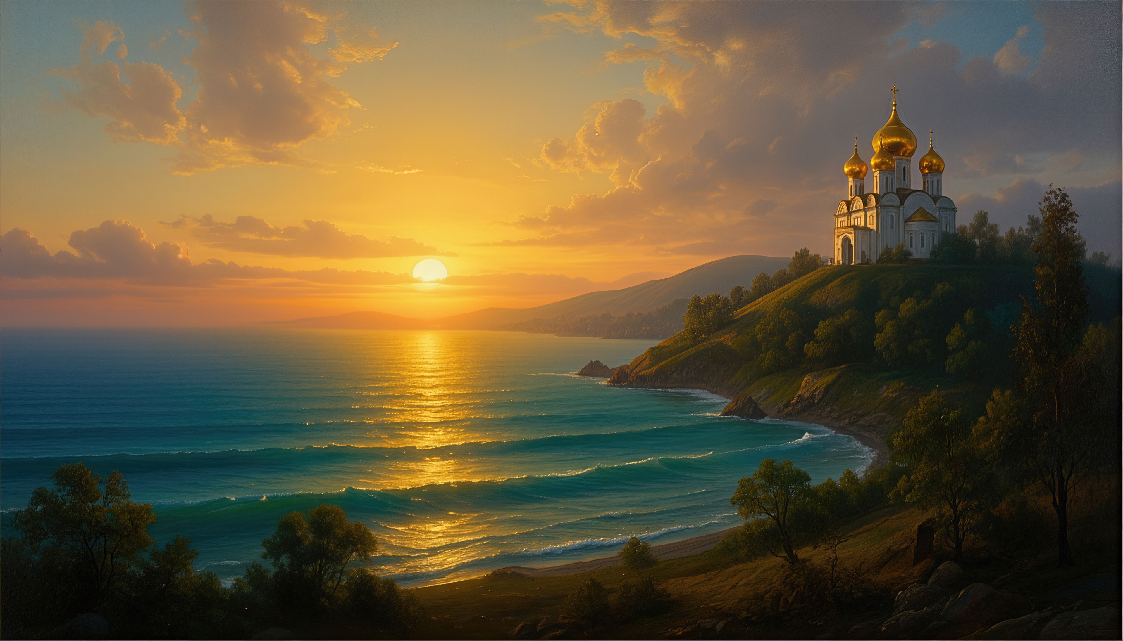 Free photo A temple with golden domes on a hill by the endless sea at sunset.