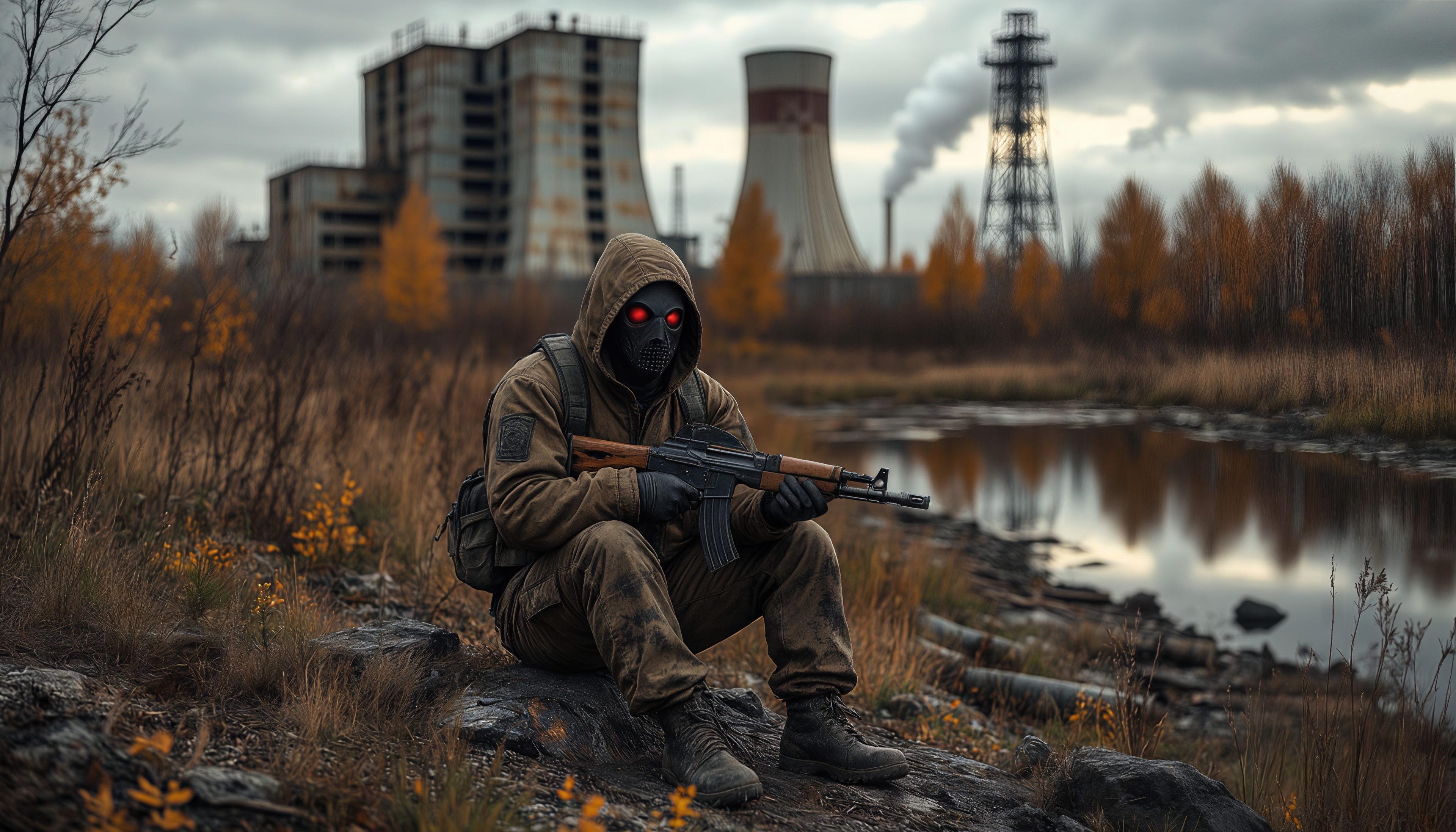 Free photo A post-apocalyptic warrior with a machine gun against the backdrop of an industrial landscape.