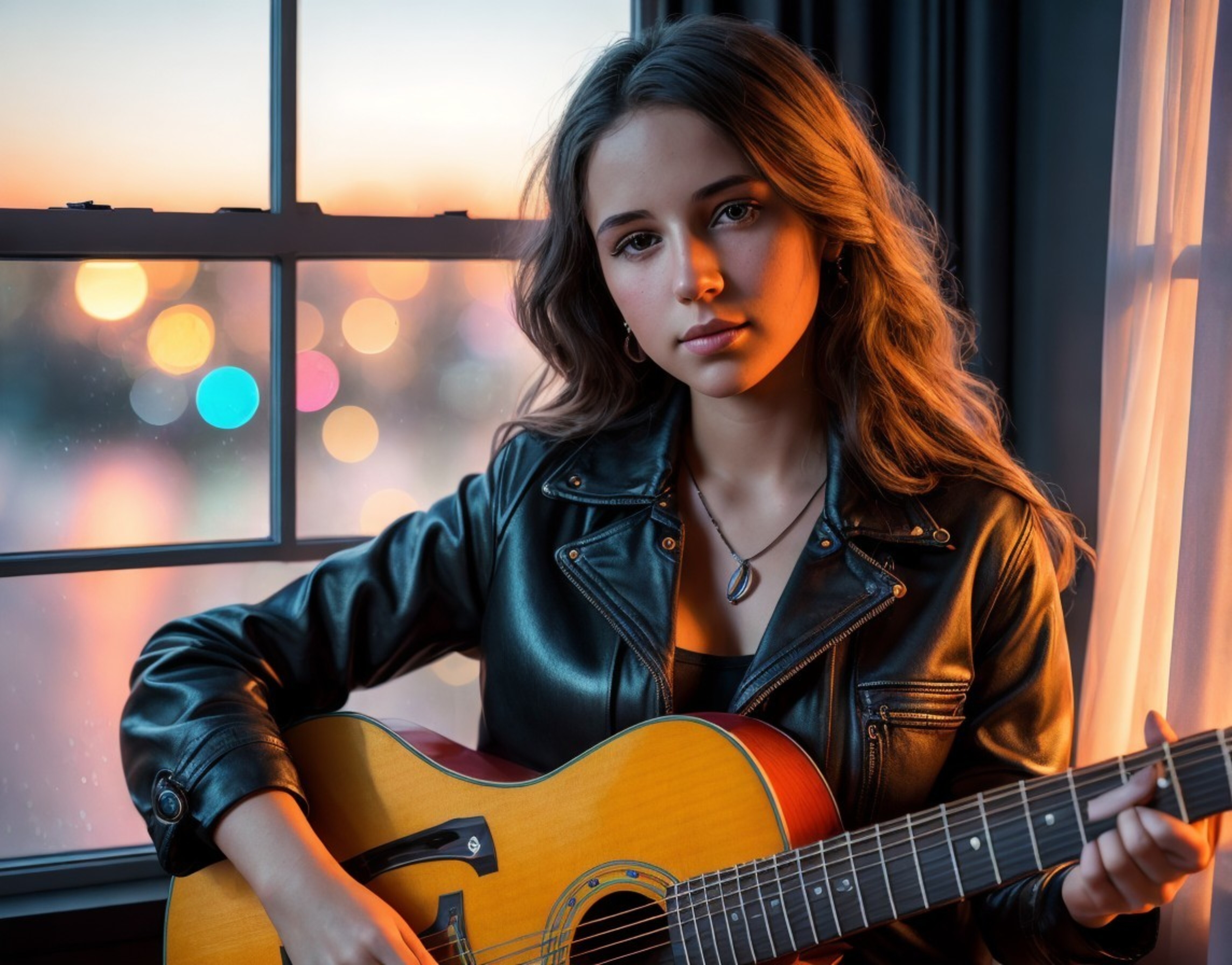 Free photo A girl with a guitar at the window