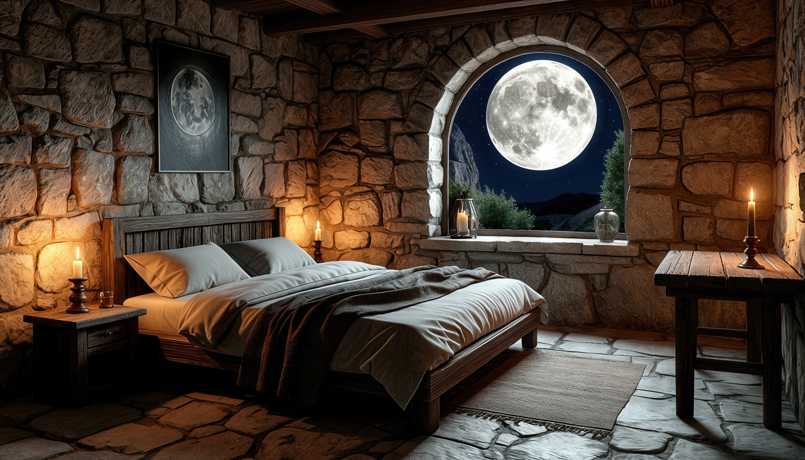 Бесплатное фото Спальня в средневековом стиле с каменными стенами, деревянной кроватью, подсвечниками и видом на луну.