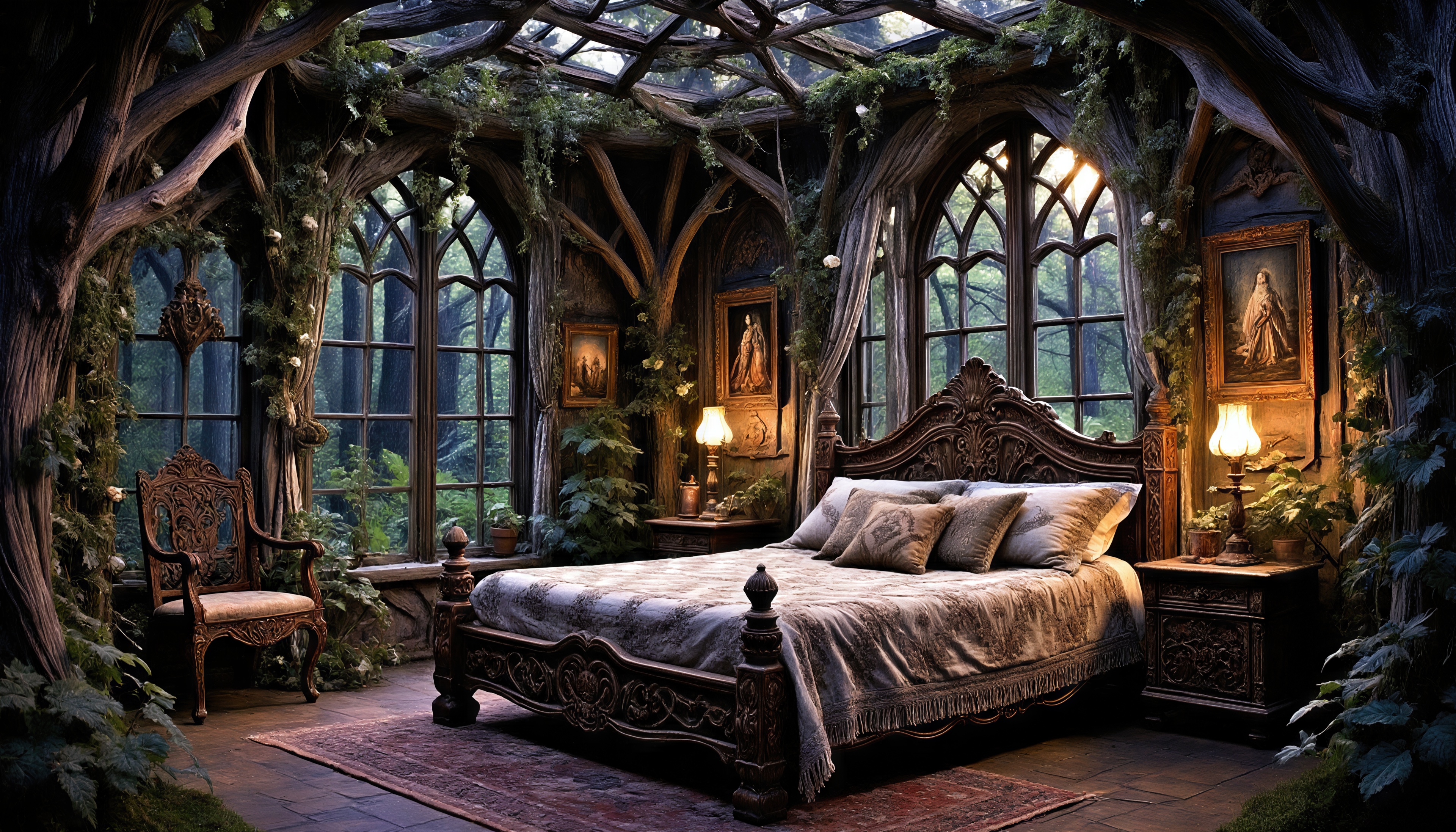 Фантазийная комната с деревянными стенами и растениями.