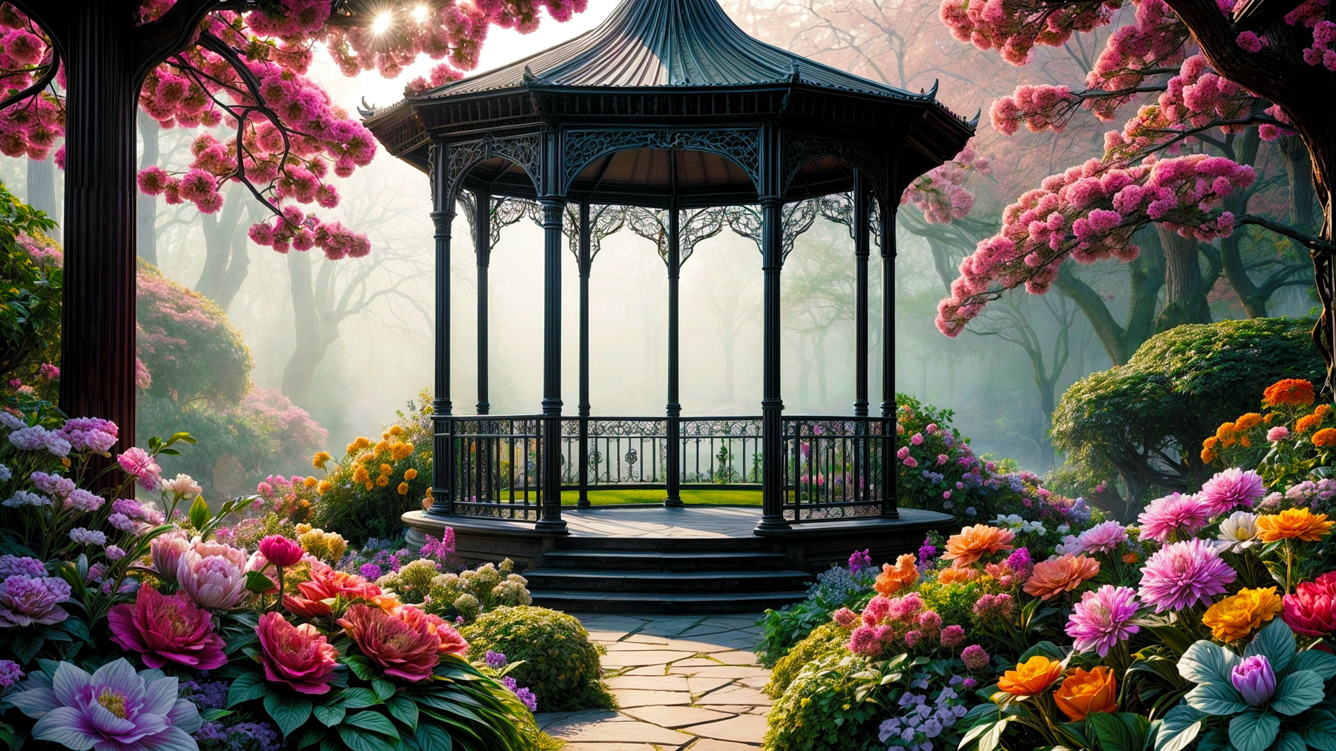 Беседка в саду и цветы