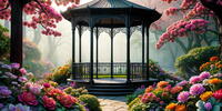 Беседка в саду и цветы