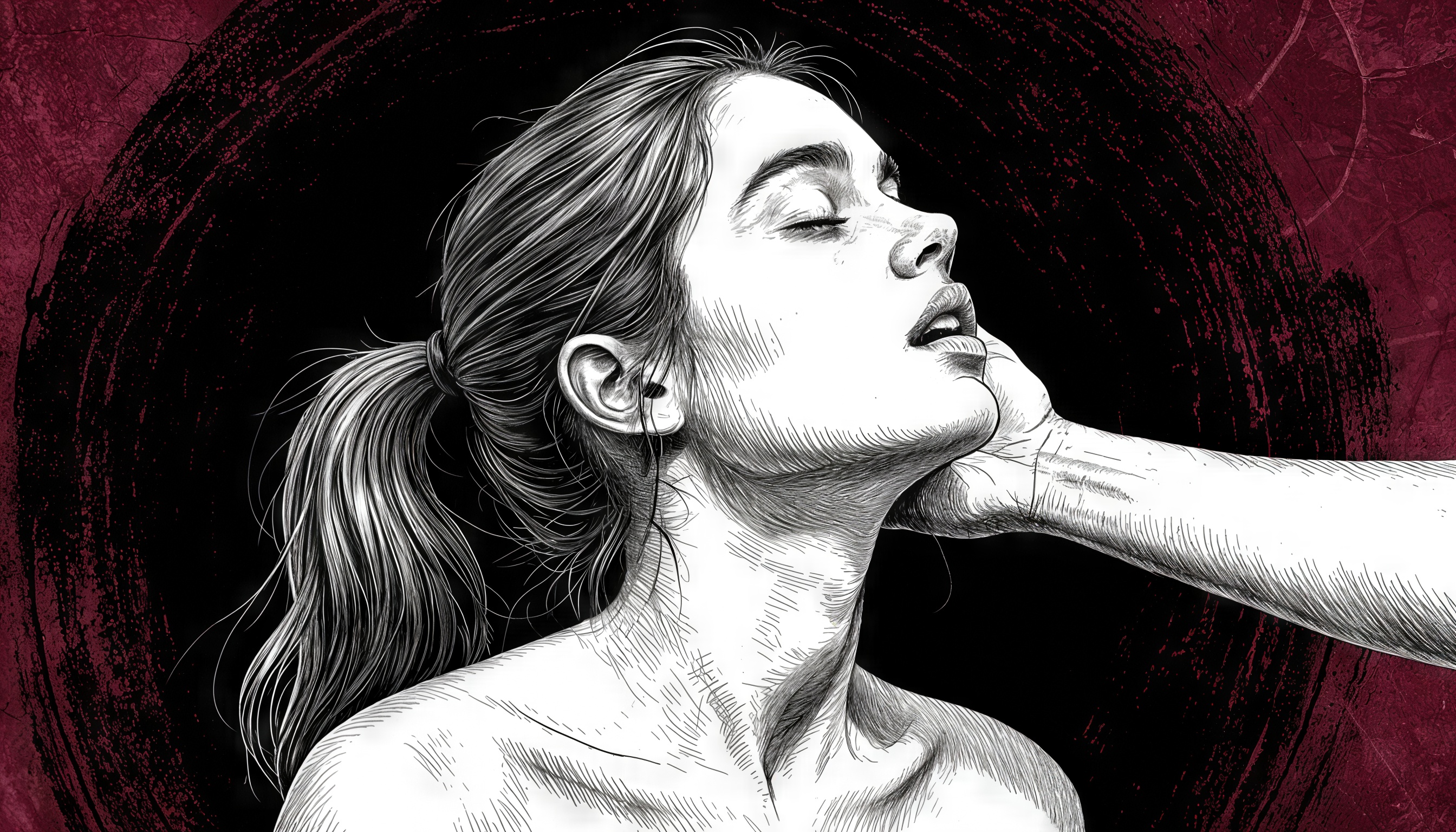 Бесплатное фото Черно-белый портрет девушки с закрытыми глазами на красном фоне, с рукой, касающейся лица.