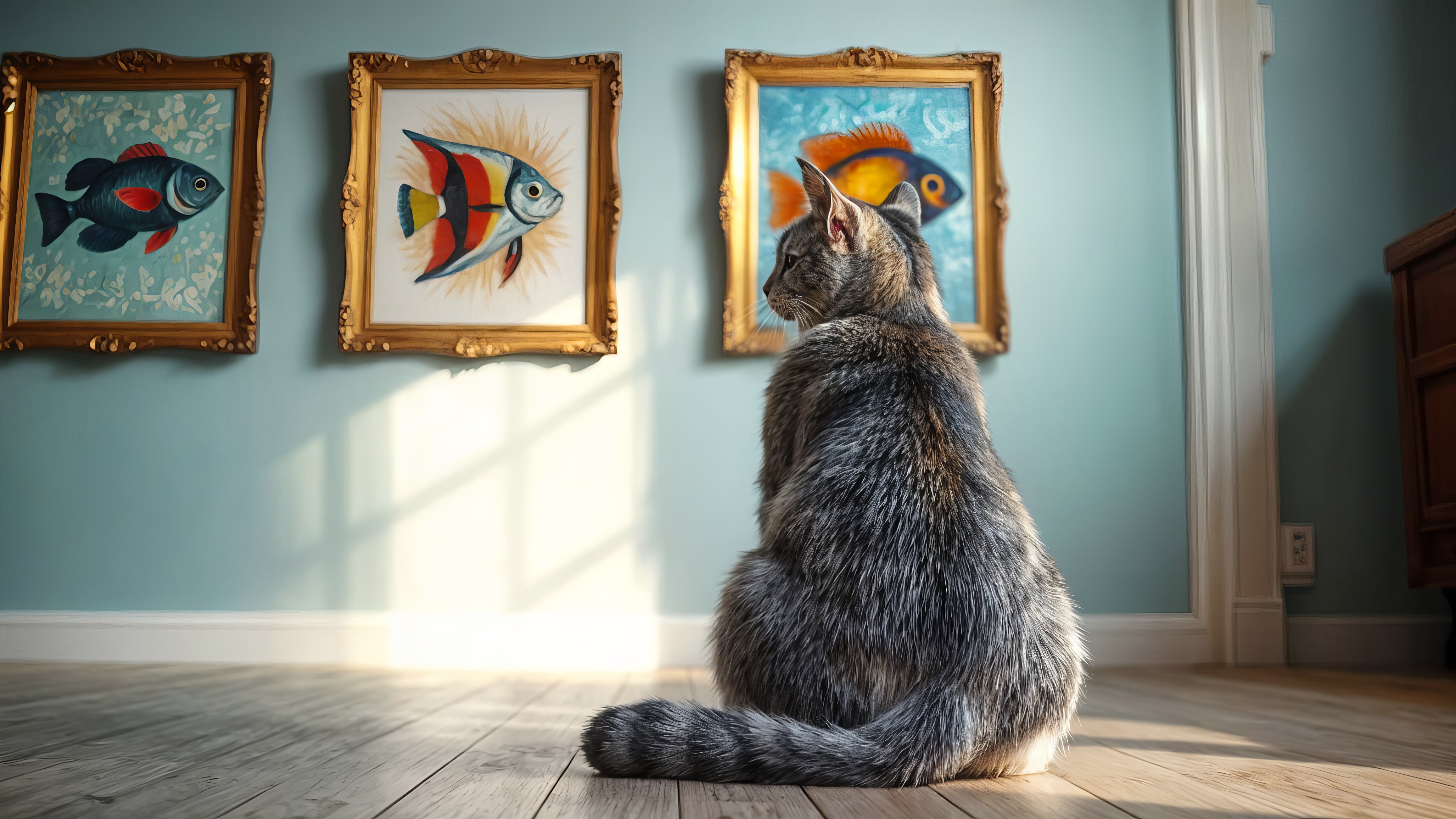 Кот сидит, положив голову на картину.