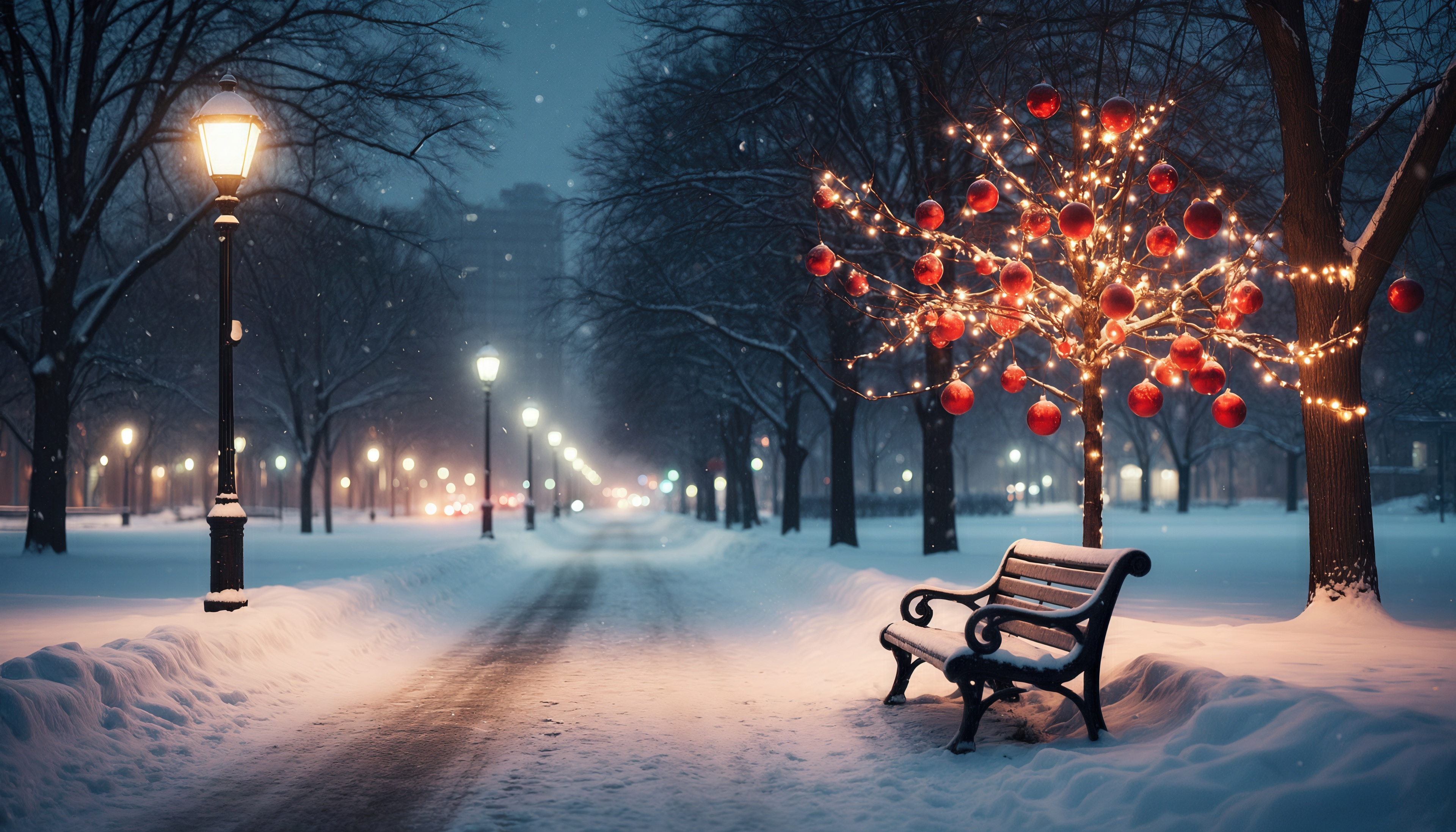 Бесплатное фото Вечерний парк в снегу - огни гирлянд рисуют волшебство зимы.