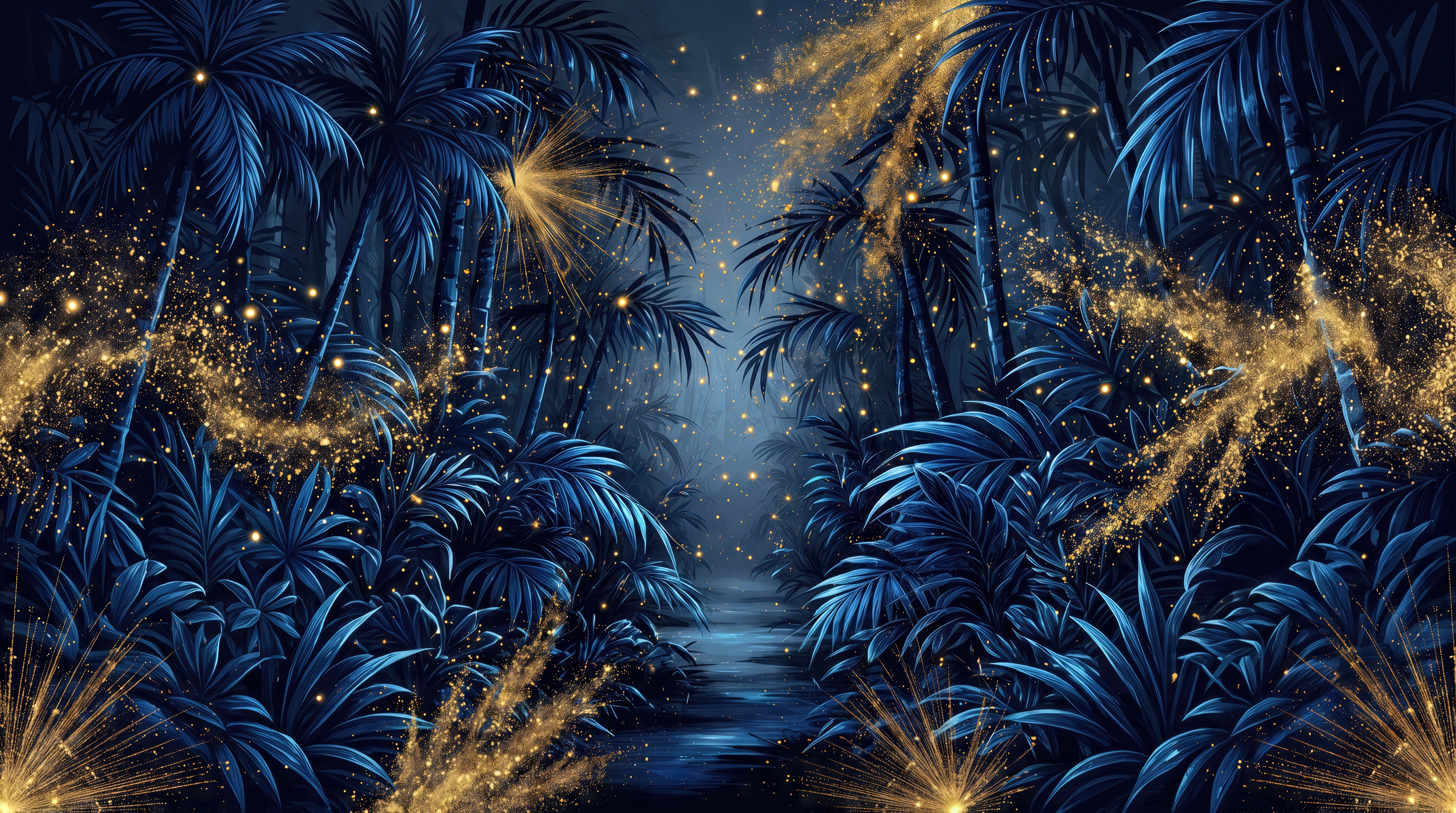 Free photo The fabulous night jungle with dark blue palm trees is illuminated by bright flashes of golden fireflies.