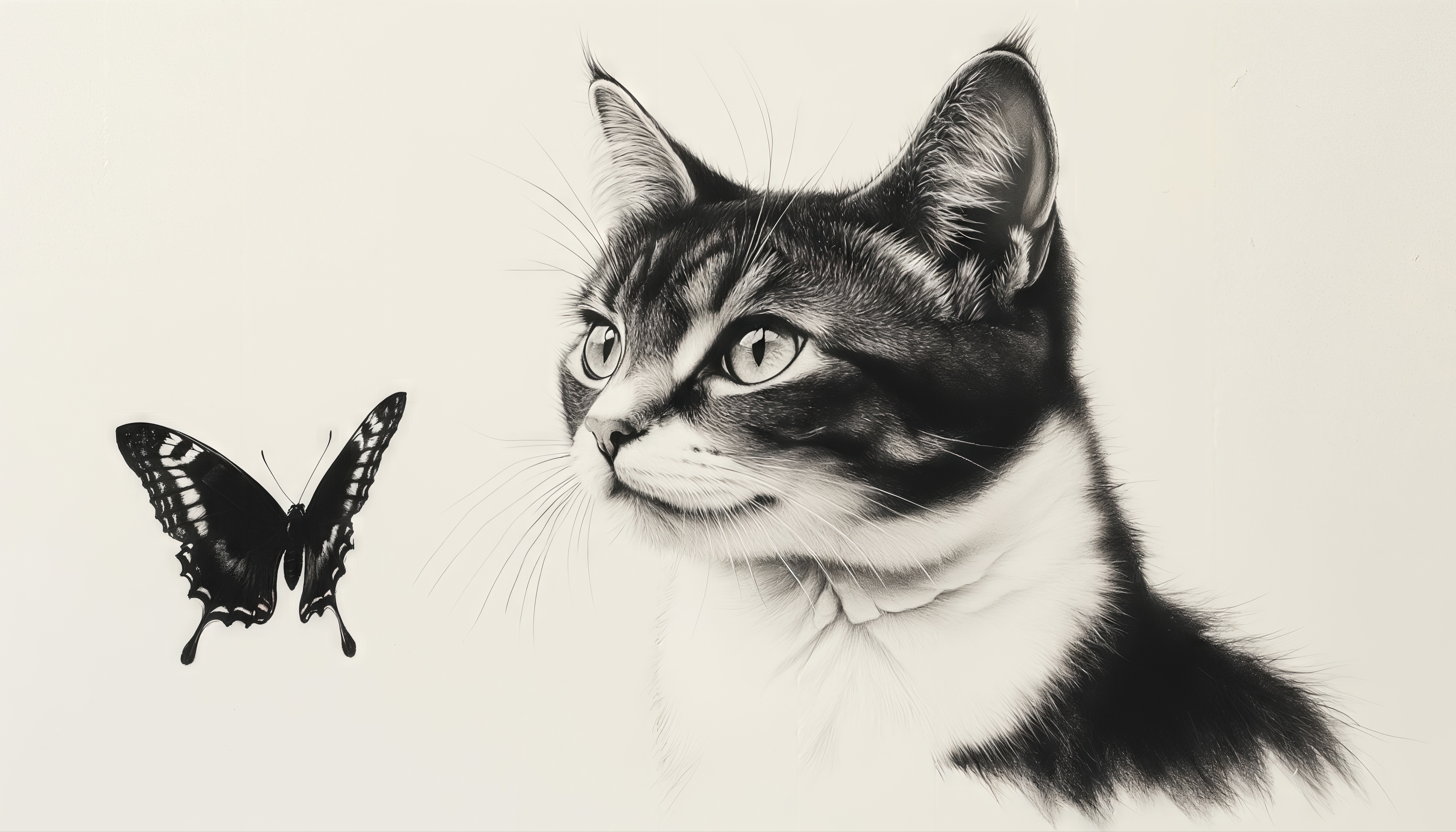 Бесплатное фото Бабочка кружит перед задумчивым котом.
