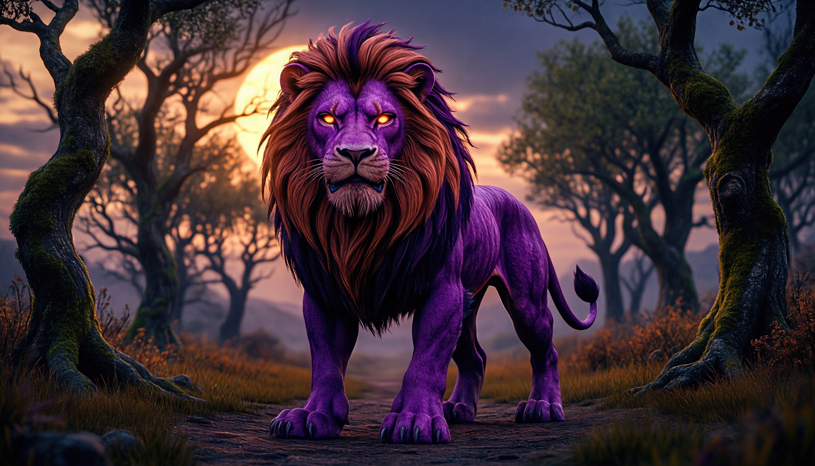 Бесплатное фото Фиолетовый лев с светящимися глазами стоит на лесной тропинке в сумерках.