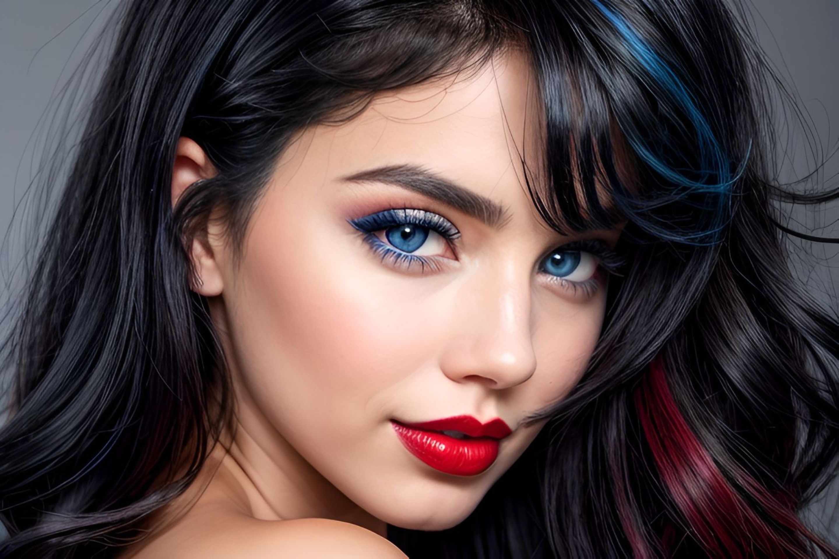 Free photo Beautiful brunette, With blue eyes, And red lipstick, Looking at the camera, Photo.