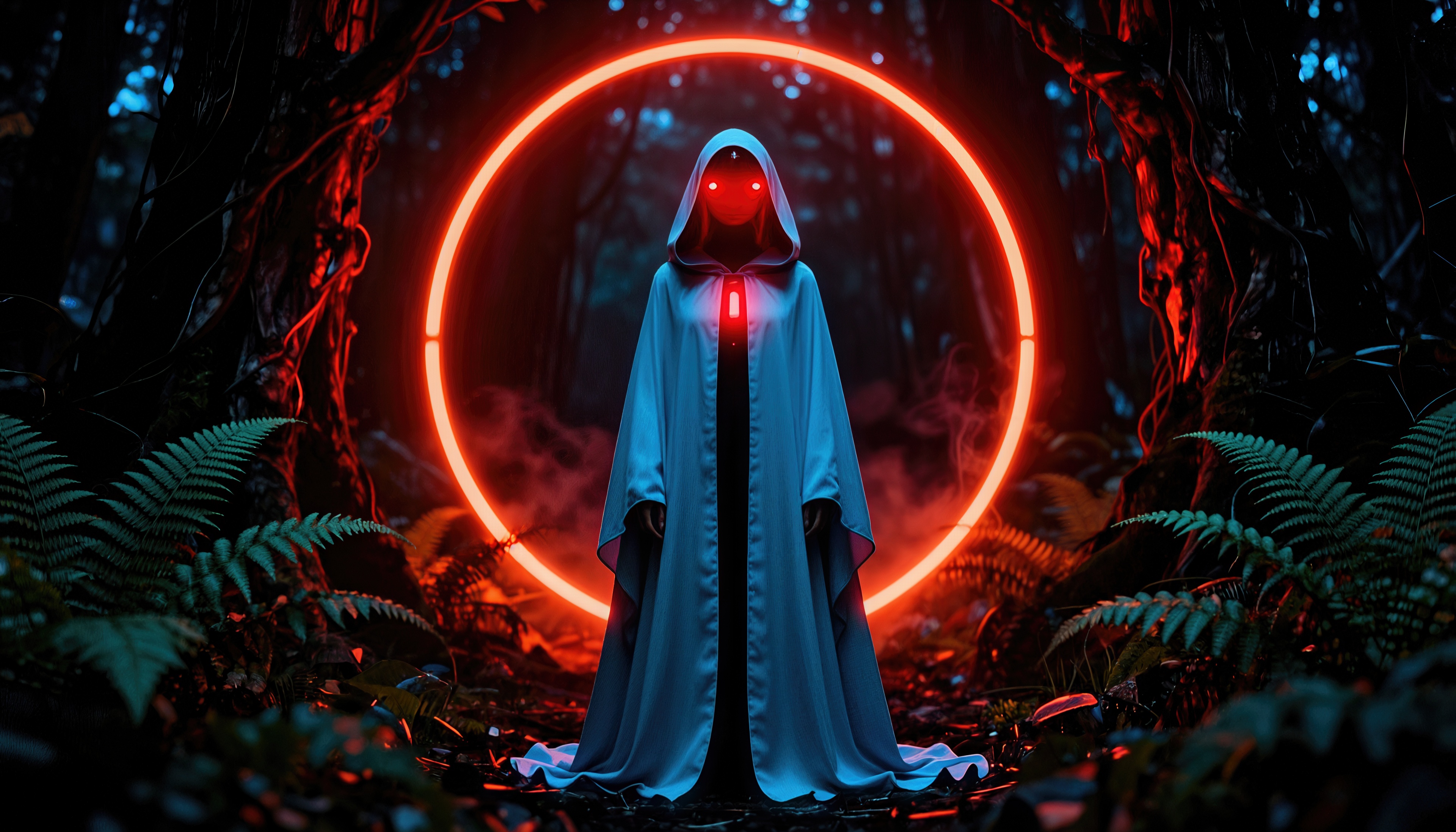 Free photo A figure in a raincoat with red eyes stands in a neon circle in the middle of the forest.