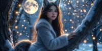Девушка-лиса в меховой шубе позирует в зимнем лесу под полной луной.
