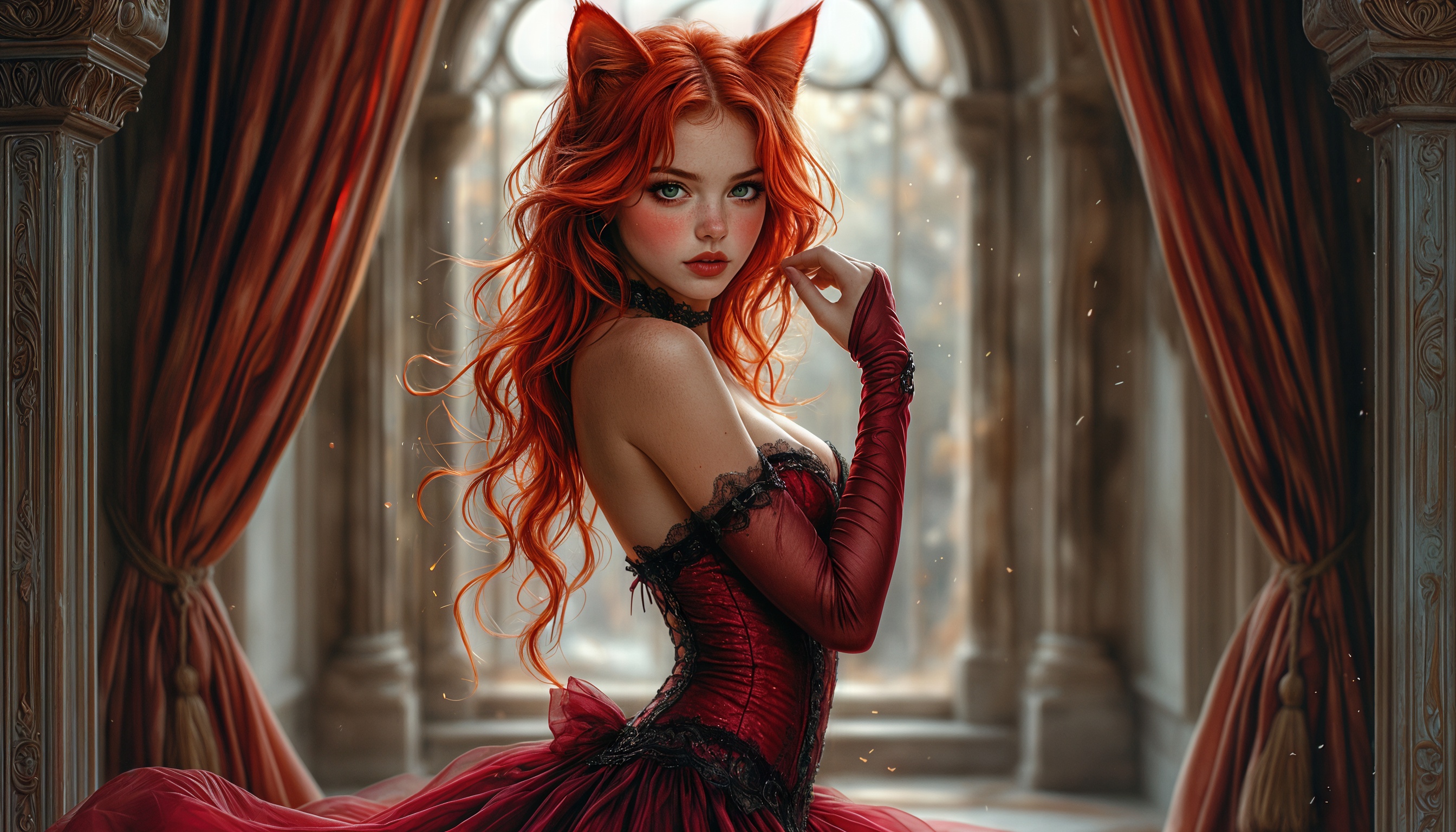 Китцунэ с рыжими волосами в красном платье стоит у окна с красными шторами.