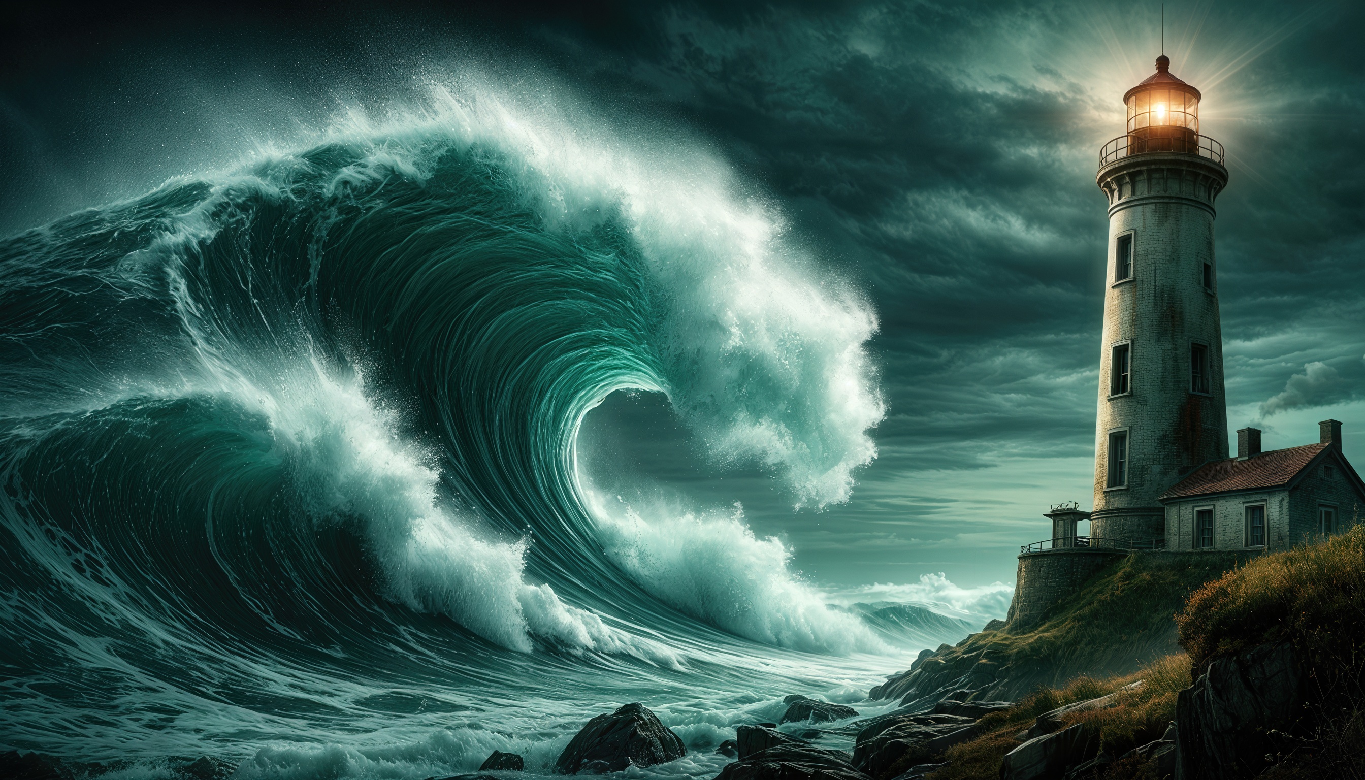 Бесплатное фото Маяк на скалистом берегу освещает бурное море с огромными волнами под тёмными облаками.