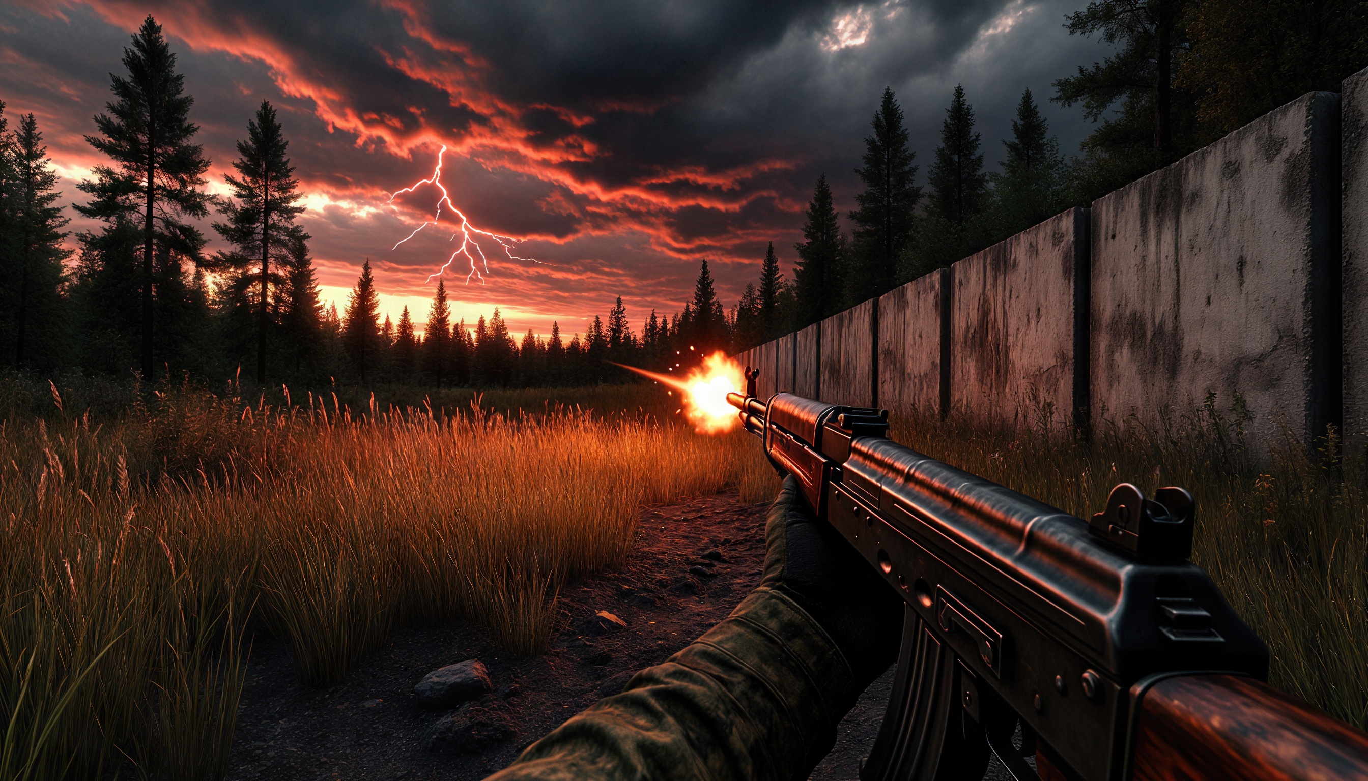 免费照片闪电照亮了森林，武器准备战斗。