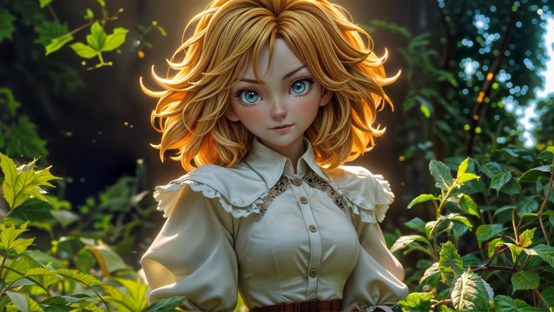 Portrait of a girl in a white blouse against the background of a forest