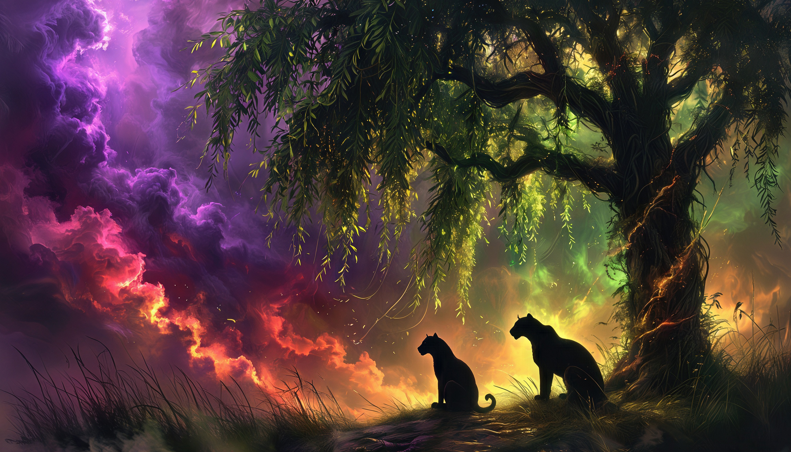 Бесплатное фото Две пантеры в мистическом лесу: силуэты на фоне фантастического неба.