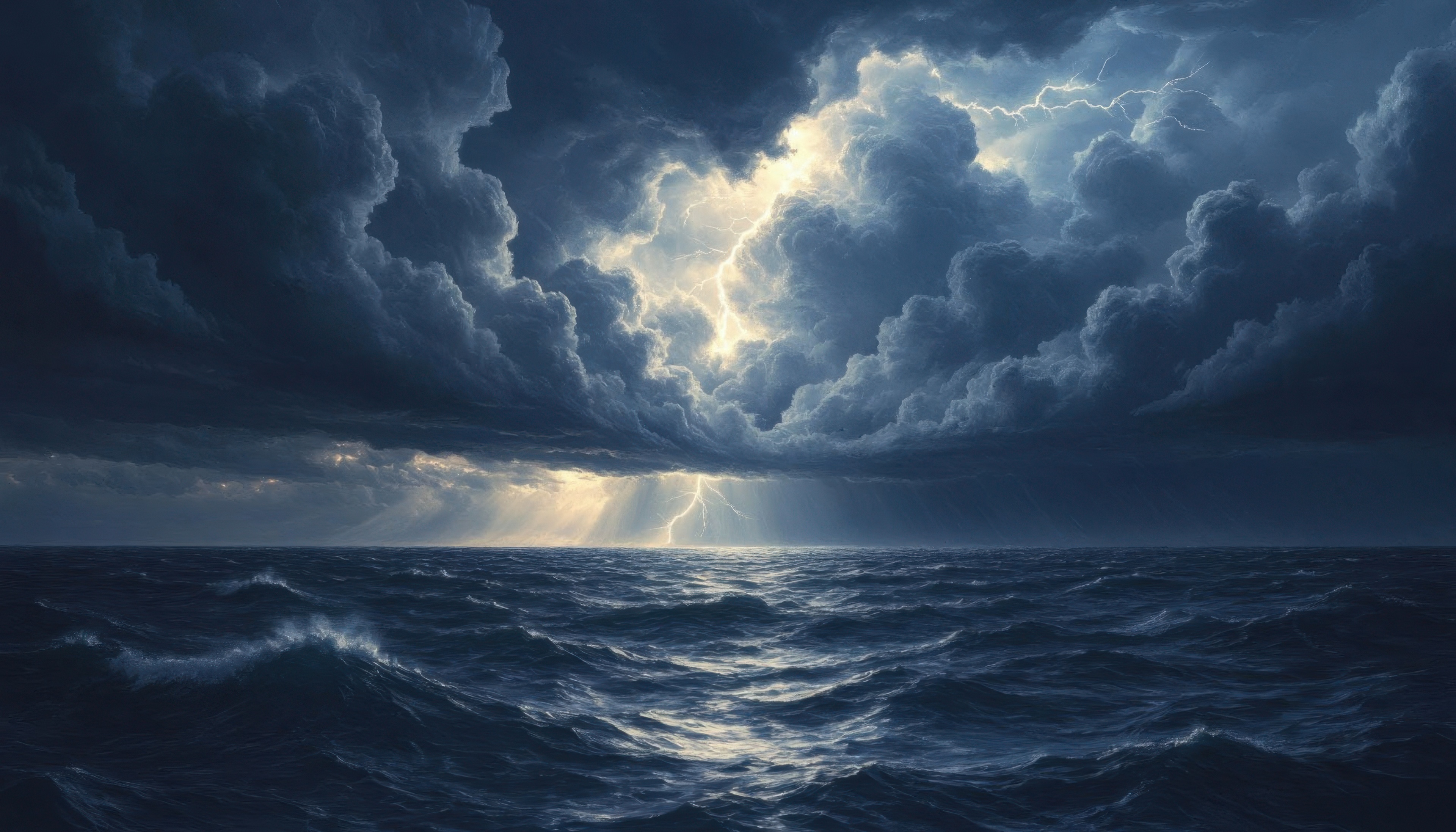 Грозовые тучи рвут небо, молнии кромсают тьму, океан бьётся в яростном танце шторма.