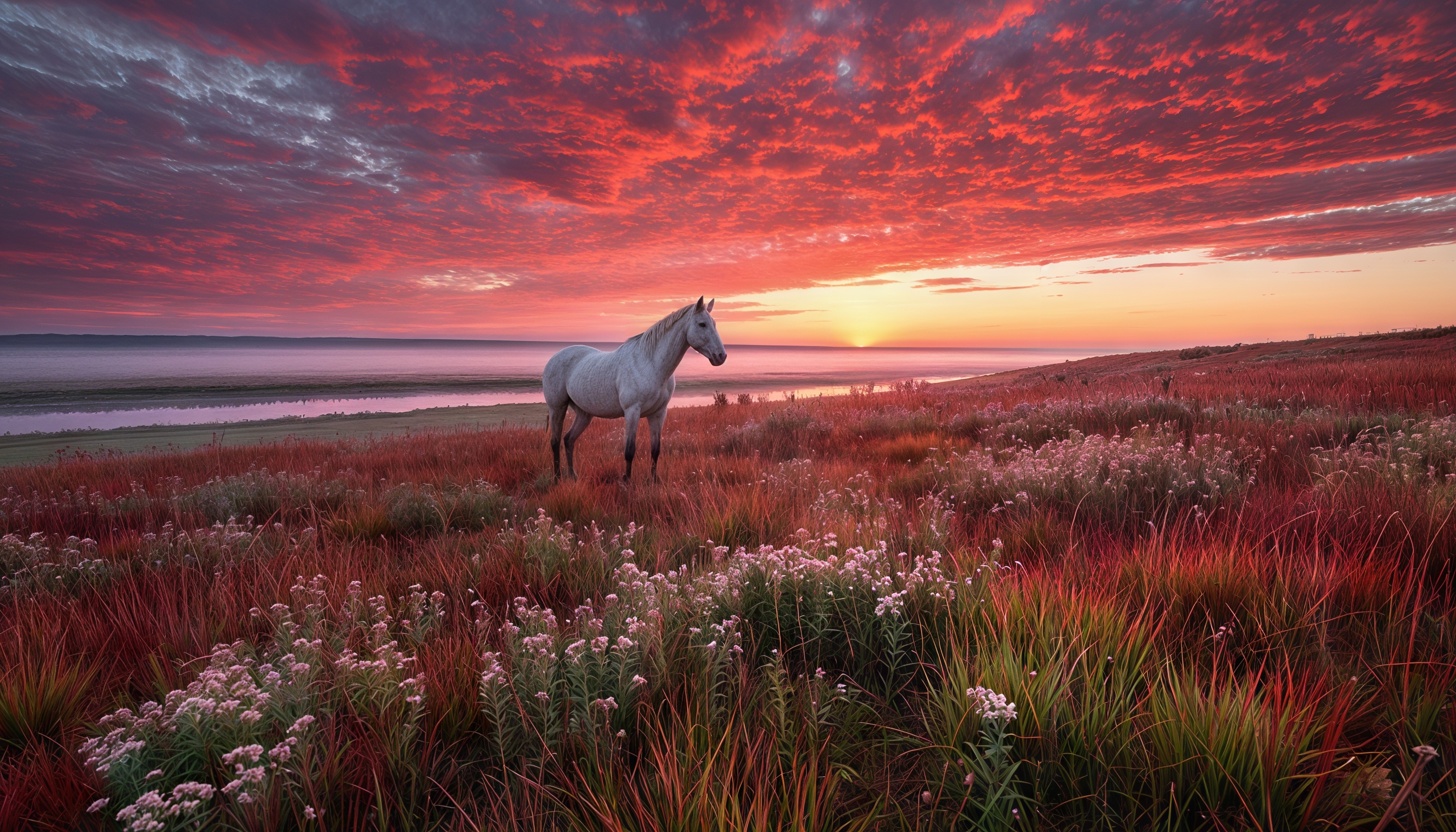 Бесплатное фото Белая лошадь на фоне заката в поле с цветами и травой.