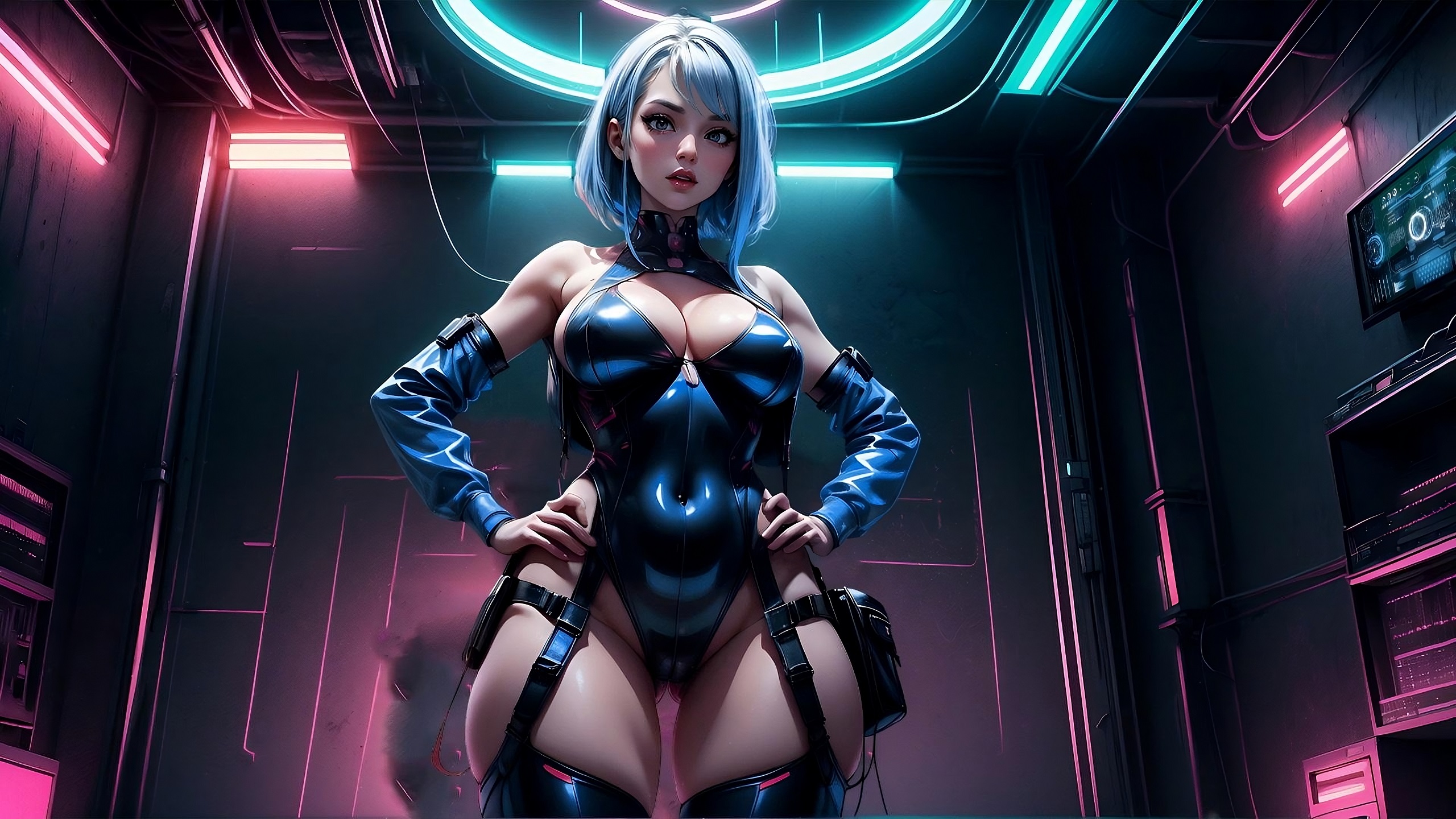 Бесплатное фото Девушка в помещении с неоновым освещением