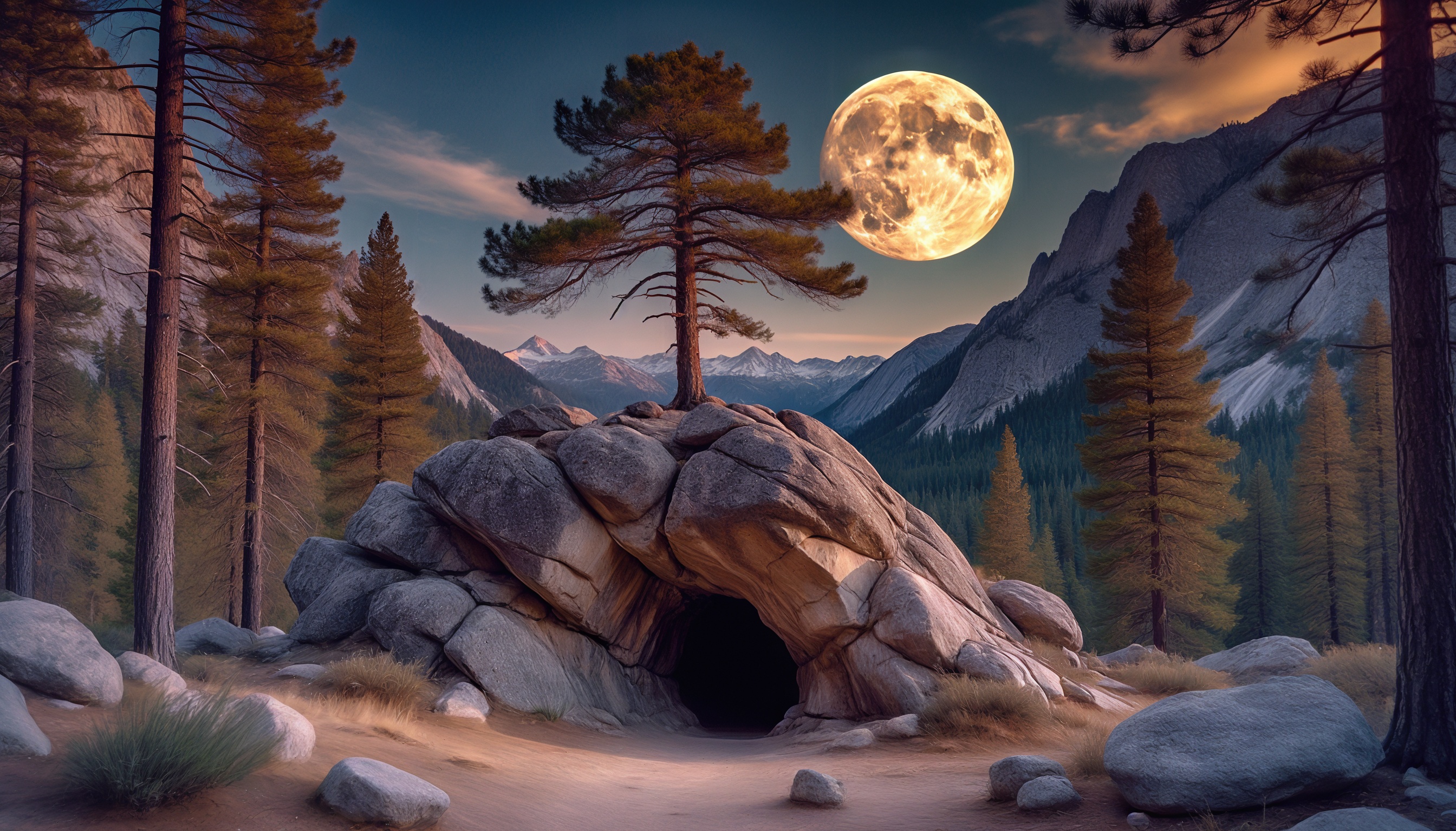 Бесплатное фото Фантастический пейзаж с пещерой, скалами, деревьями и огромной луной на фоне заката.