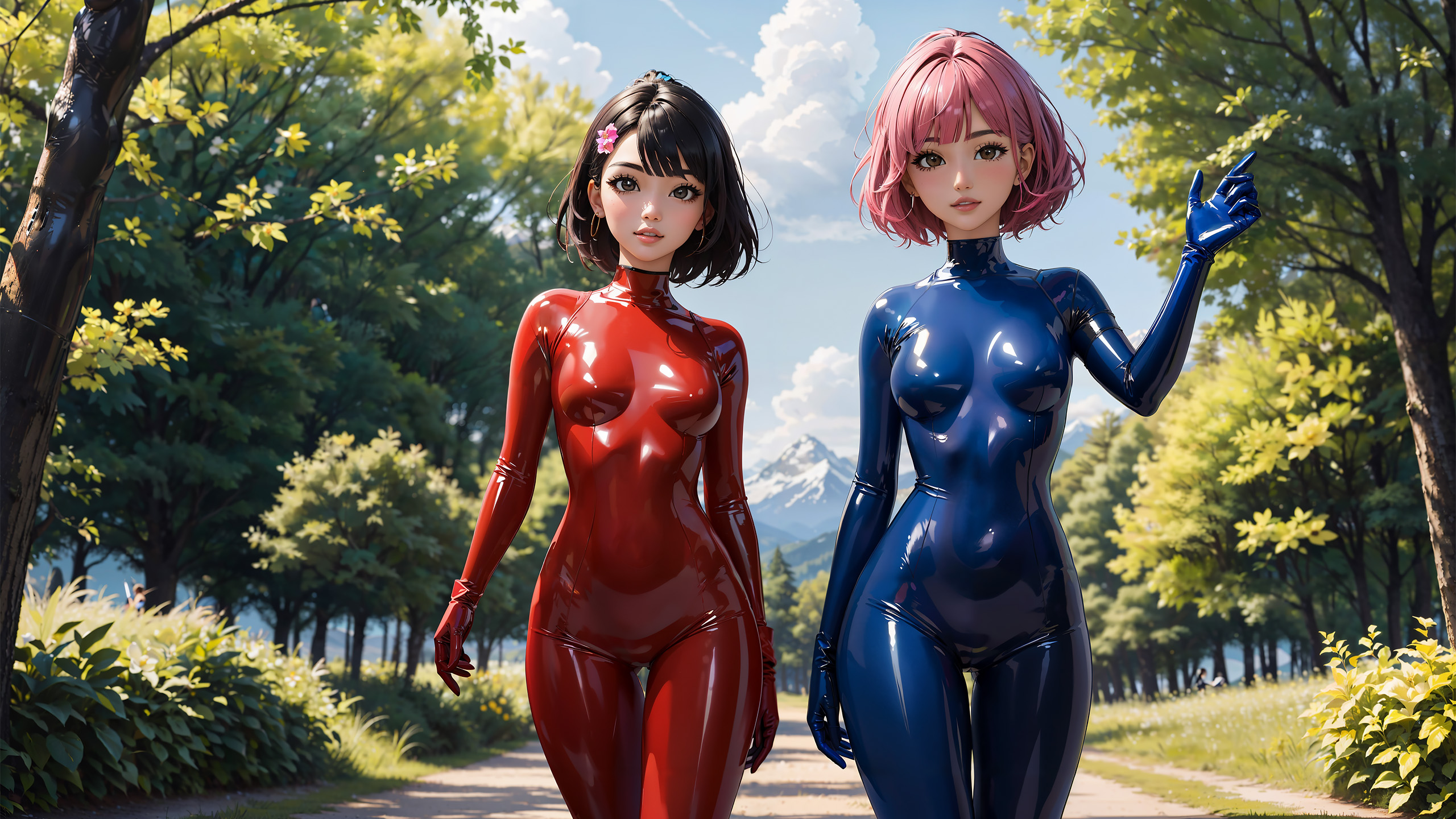 Бесплатное фото Две девушки в латексе идут по лесу