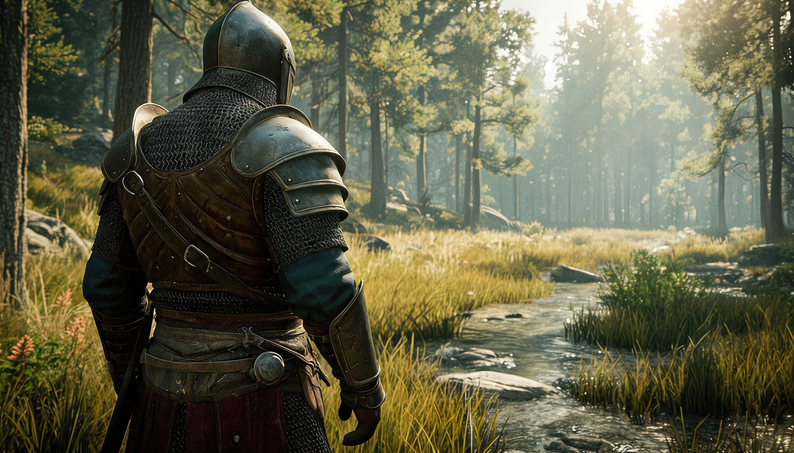 Рыцарь в доспехах стоит в лесу, создавая атмосферу приключения и спокойствия.