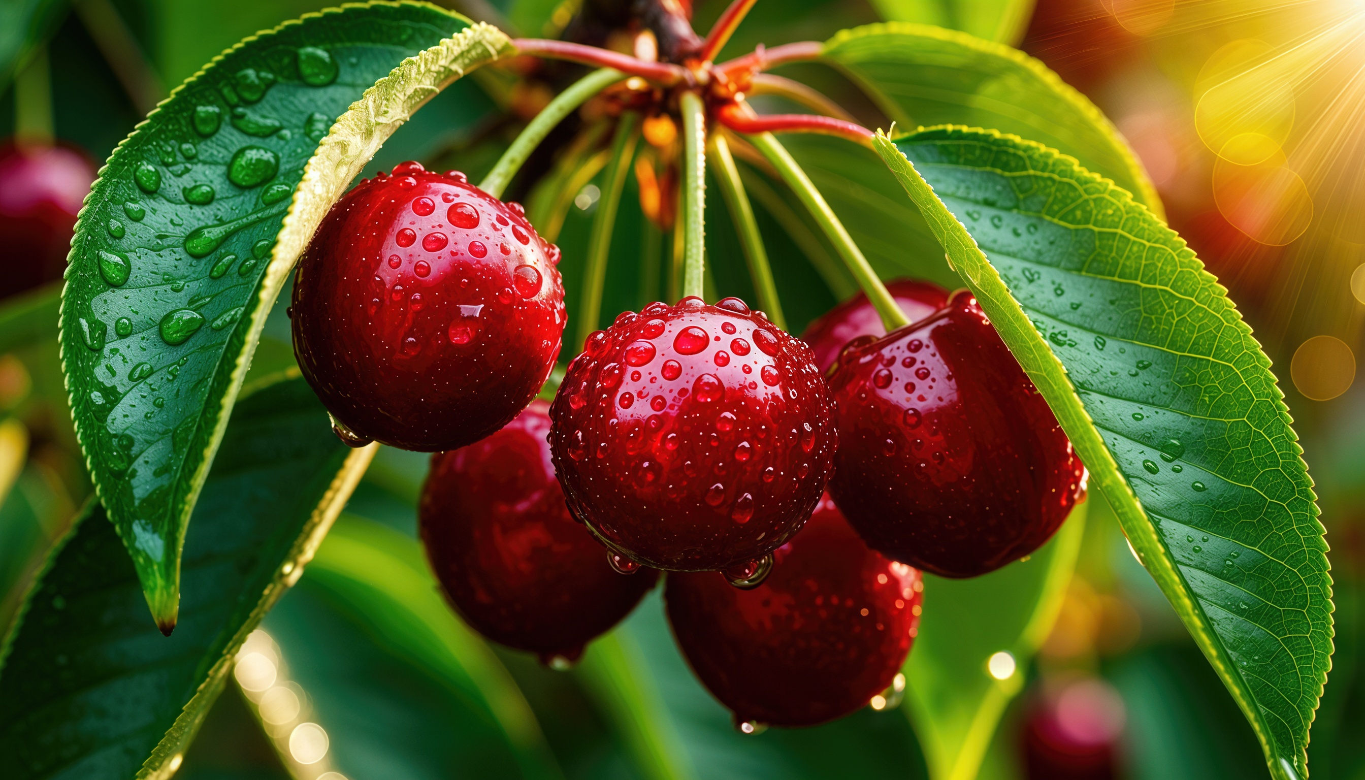 Красные ягоды черешни на ветке с зелеными листьями.