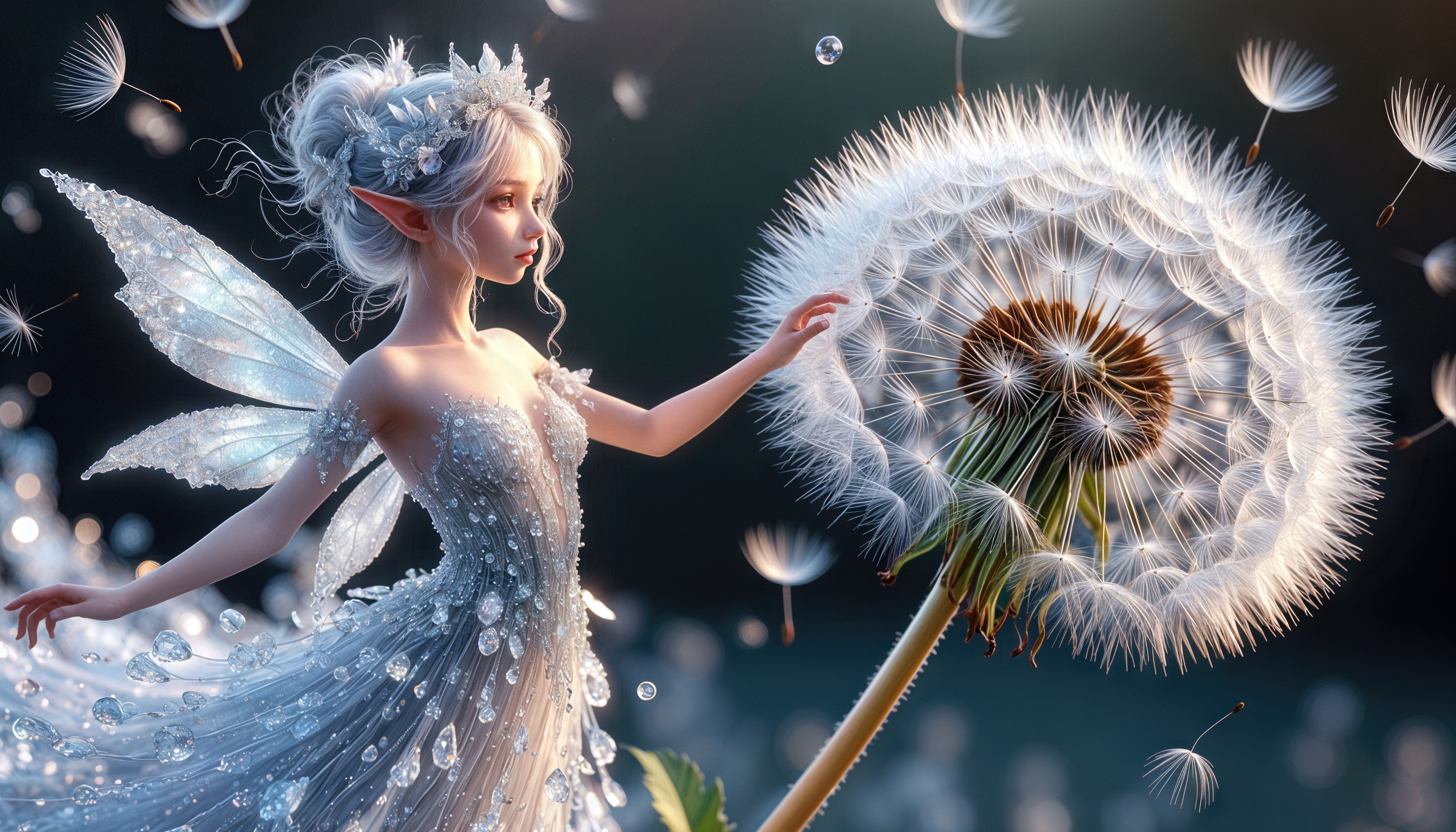 Фея с кристаллами касается одуванчика, создавая волшебную атмосферу.