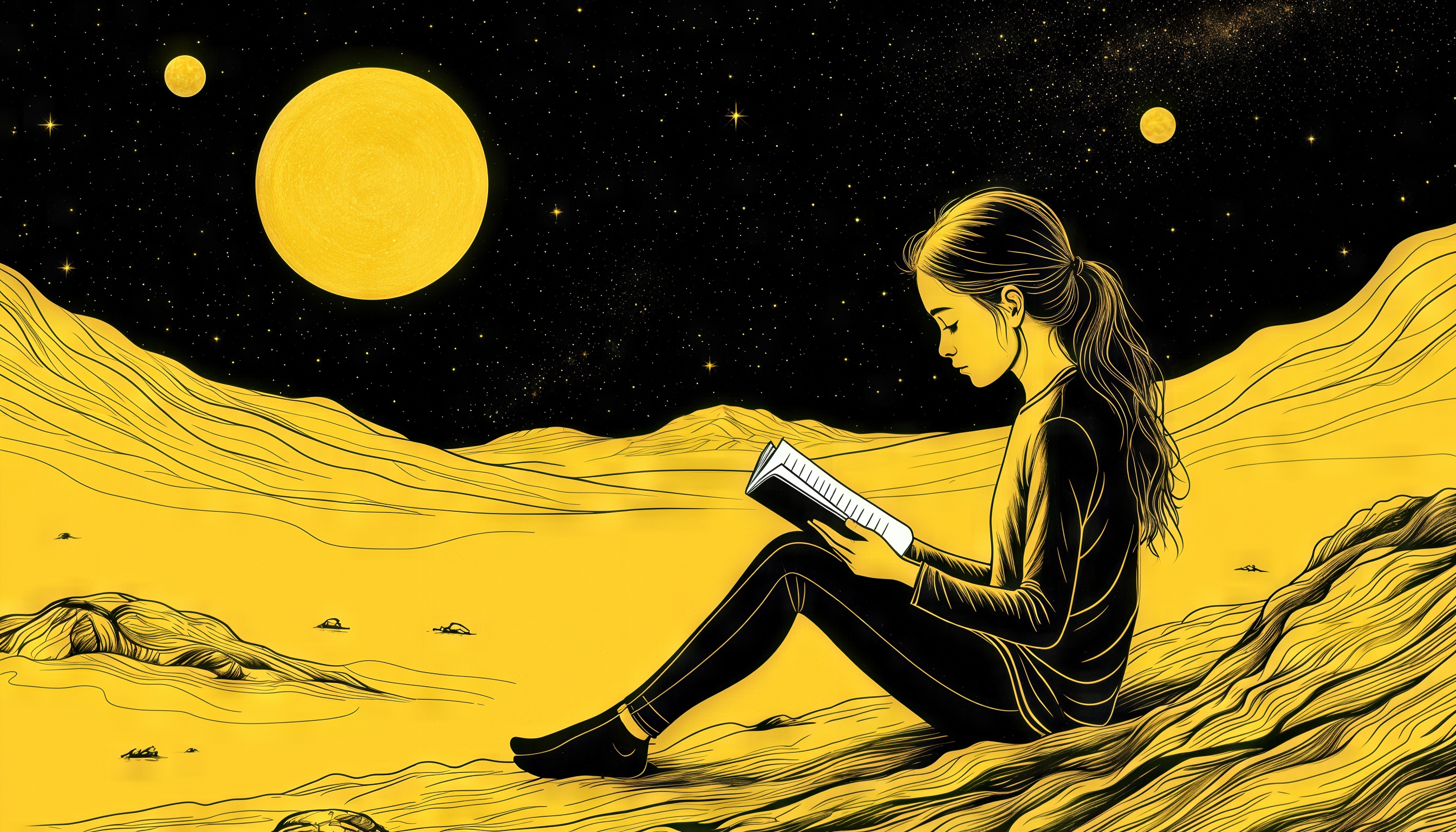 Бесплатное фото На краю мира, под светом огромной луны, девушка читает книгу, погруженная в свои мысли.