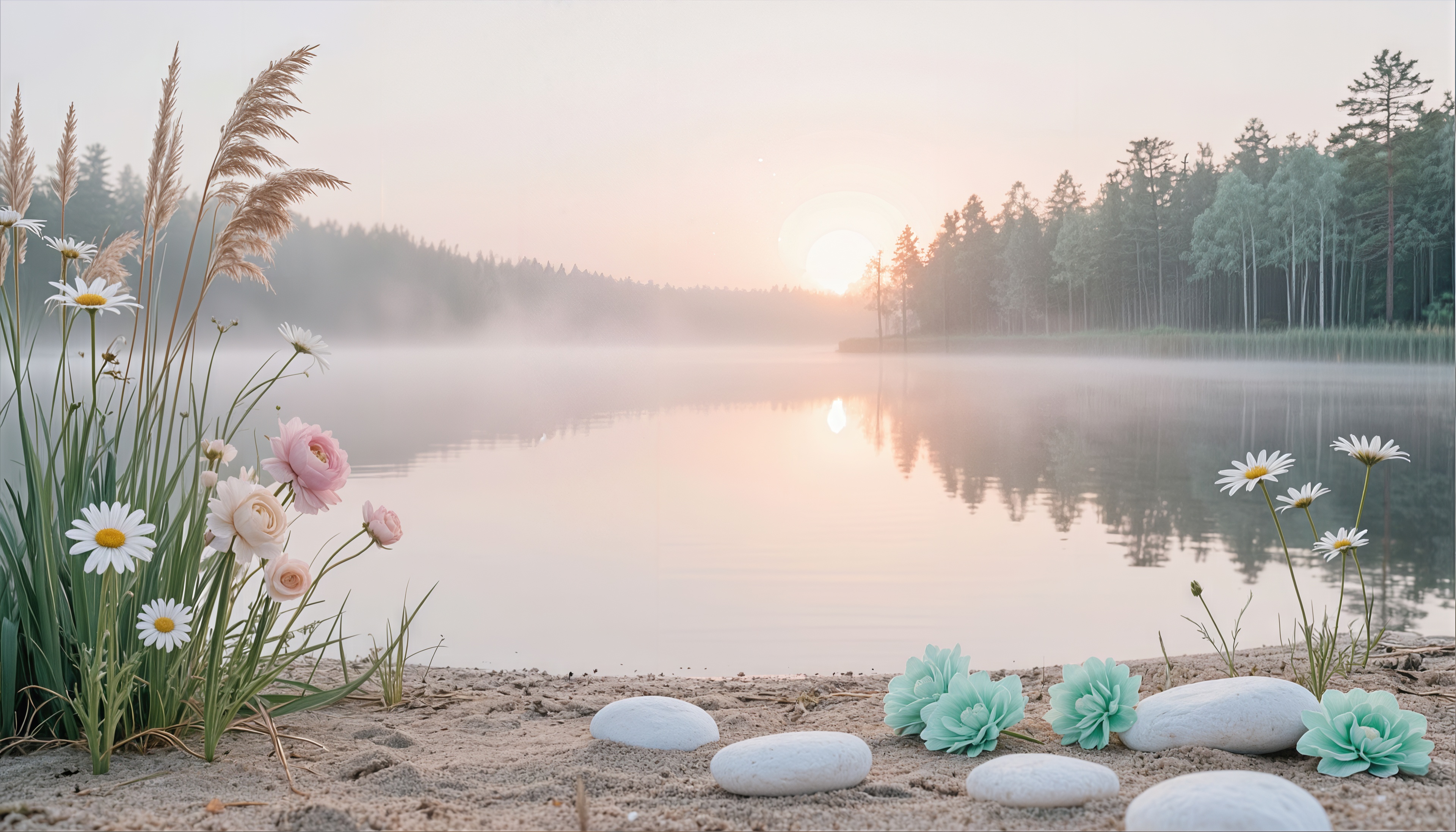 Free photo Misty lake at dawn, daisies and rocks on the shore.