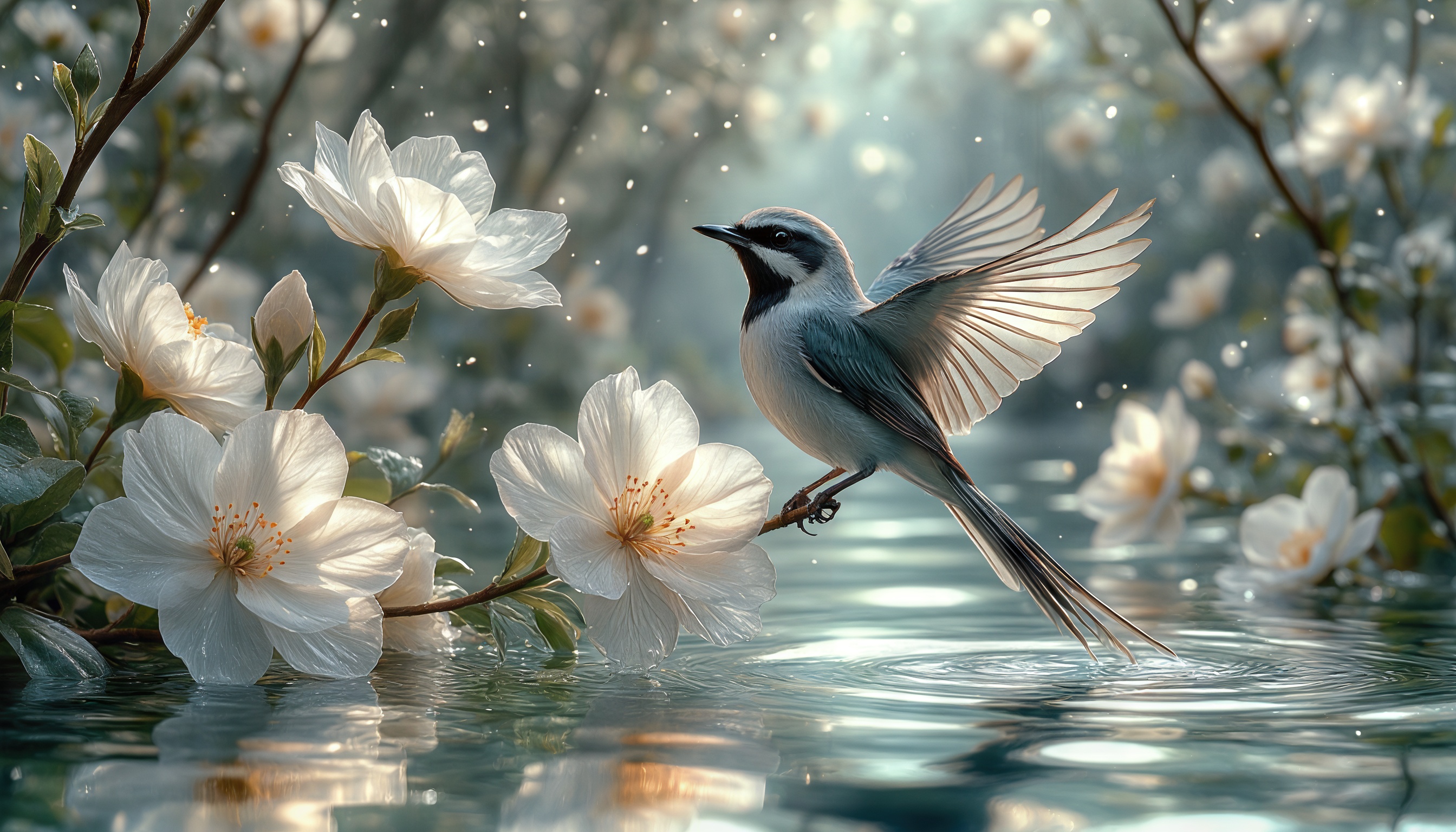 Free photo A bird with outstretched wings against a background of flowering branches and reflections on the water.
