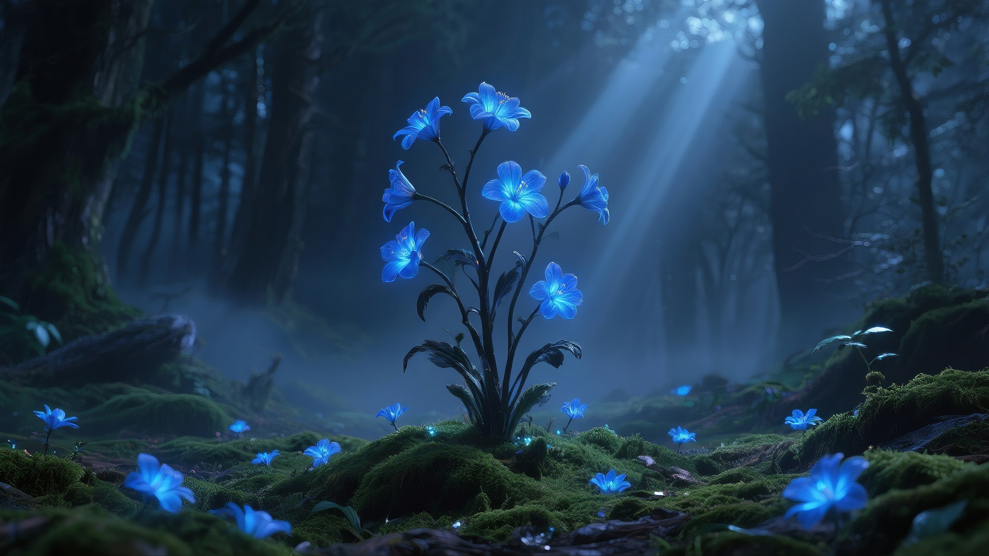 Бесплатное фото Дерево в лесу светится голубым светом