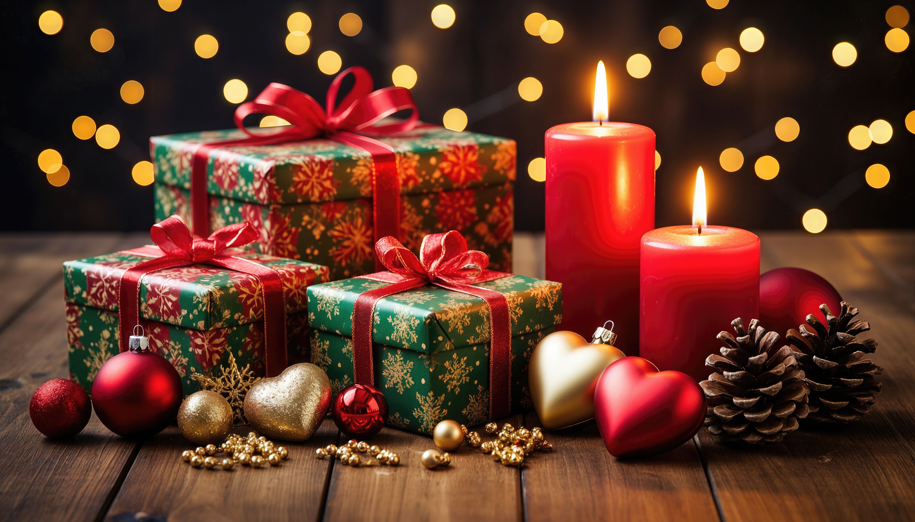 Бесплатное фото Новогодние подарки с лентами, украшенные шишки и мерцающие свечи.