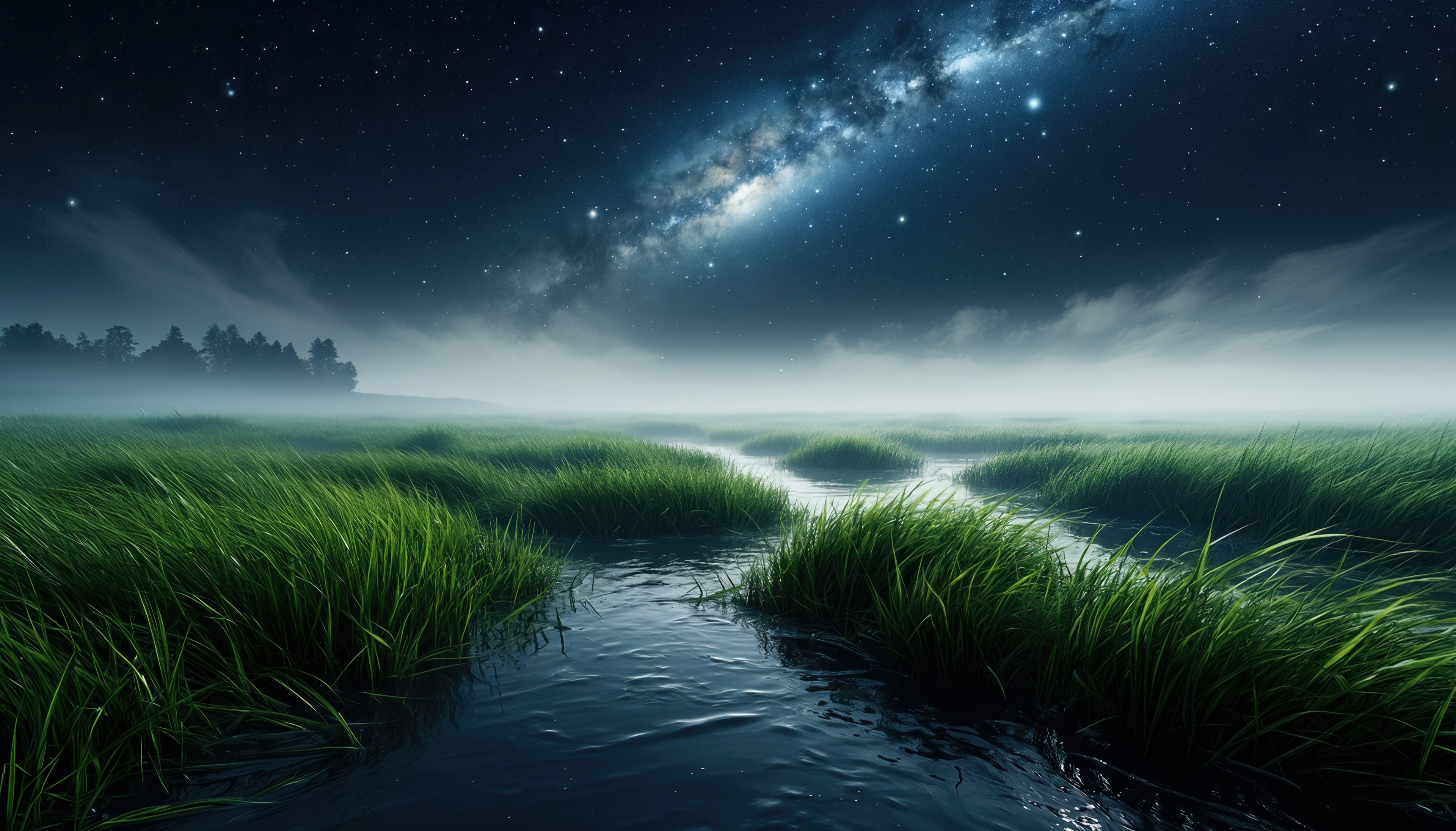 Бесплатное фото Млечный путь сияет над туманным лугом, где ручей петляет среди травы.