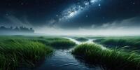 Млечный путь сияет над туманным лугом, где ручей петляет среди травы.