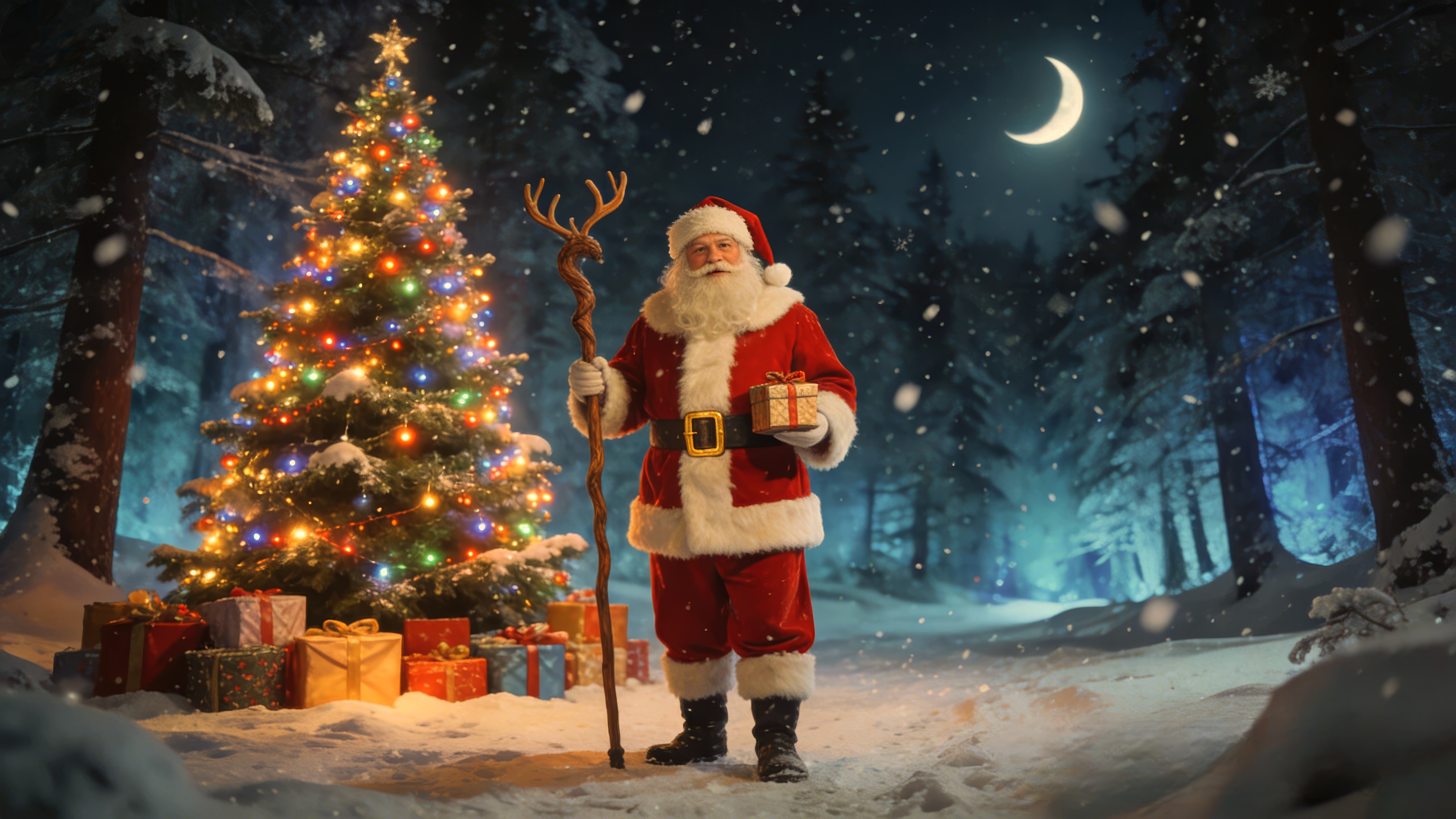 Бесплатное фото Санта Клаус позирует перед украшенной рождественской елкой