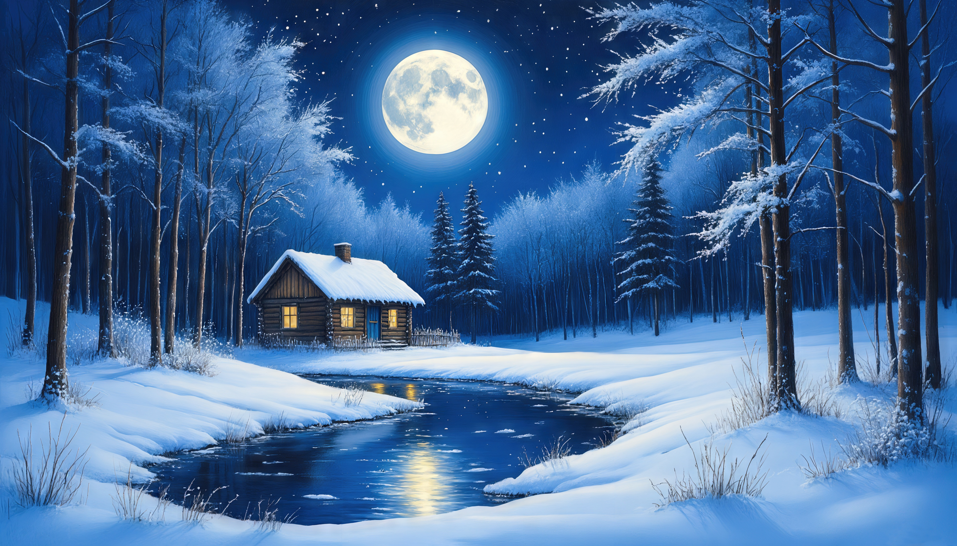 免费照片冬日森林里月光下的夜晚：舒适的房子，白雪复盖的树木和波光粼粼的溪流。