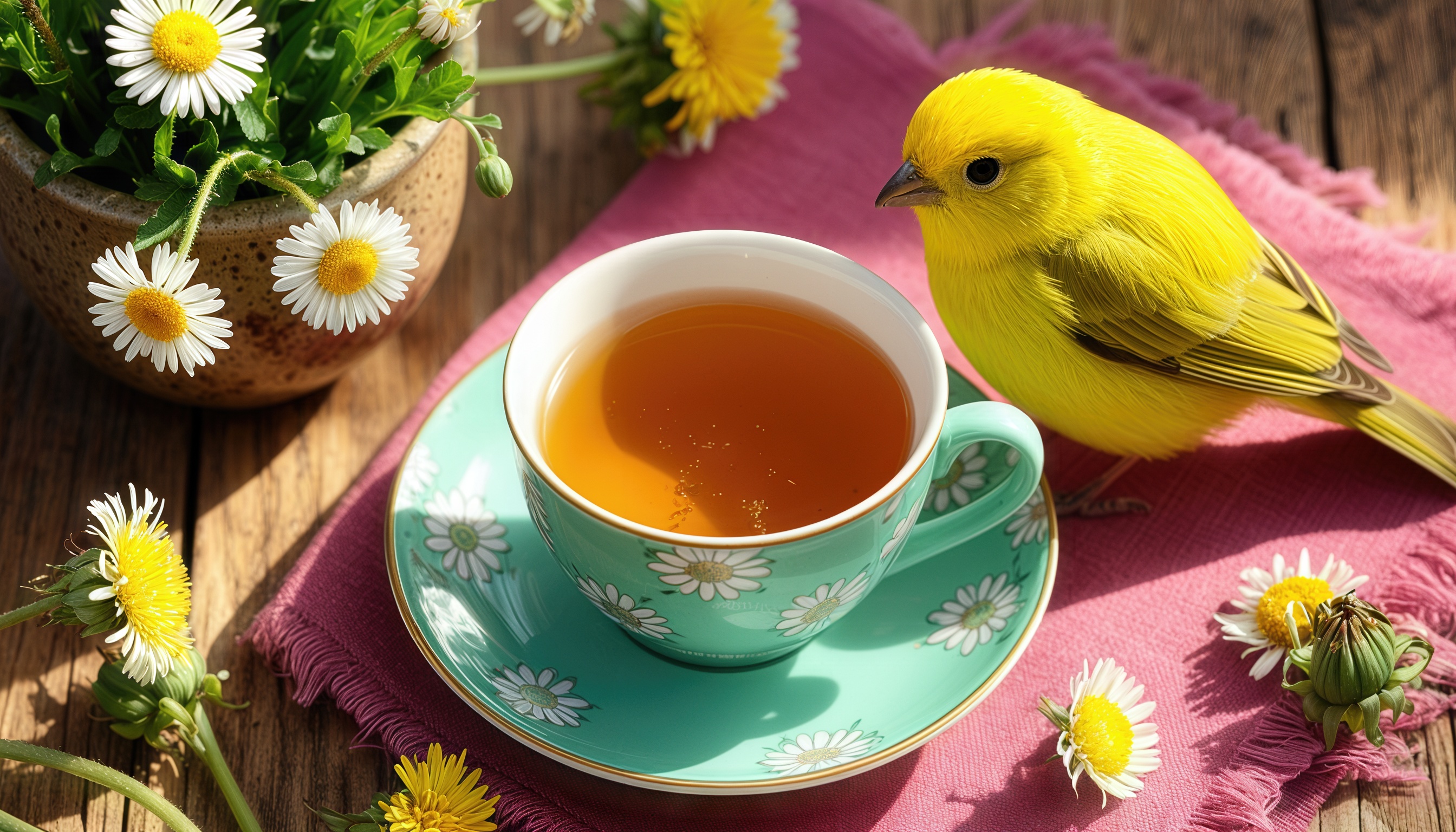 Бесплатное фото Чашка с чаем, украшенная цветами, рядом сидит канарейка на фоне ромашек и других цветов.