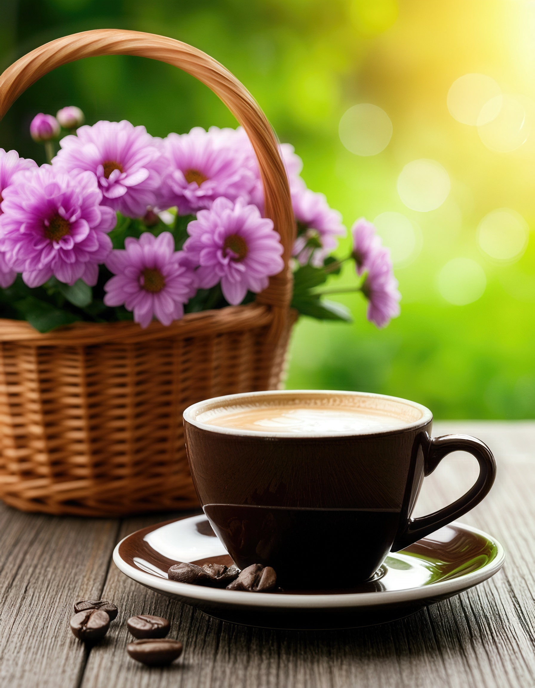 Бесплатная открытка Чашка кофе на деревянной поверхности рядом с плетеной корзиной, наполненной фиолетовыми цветами.