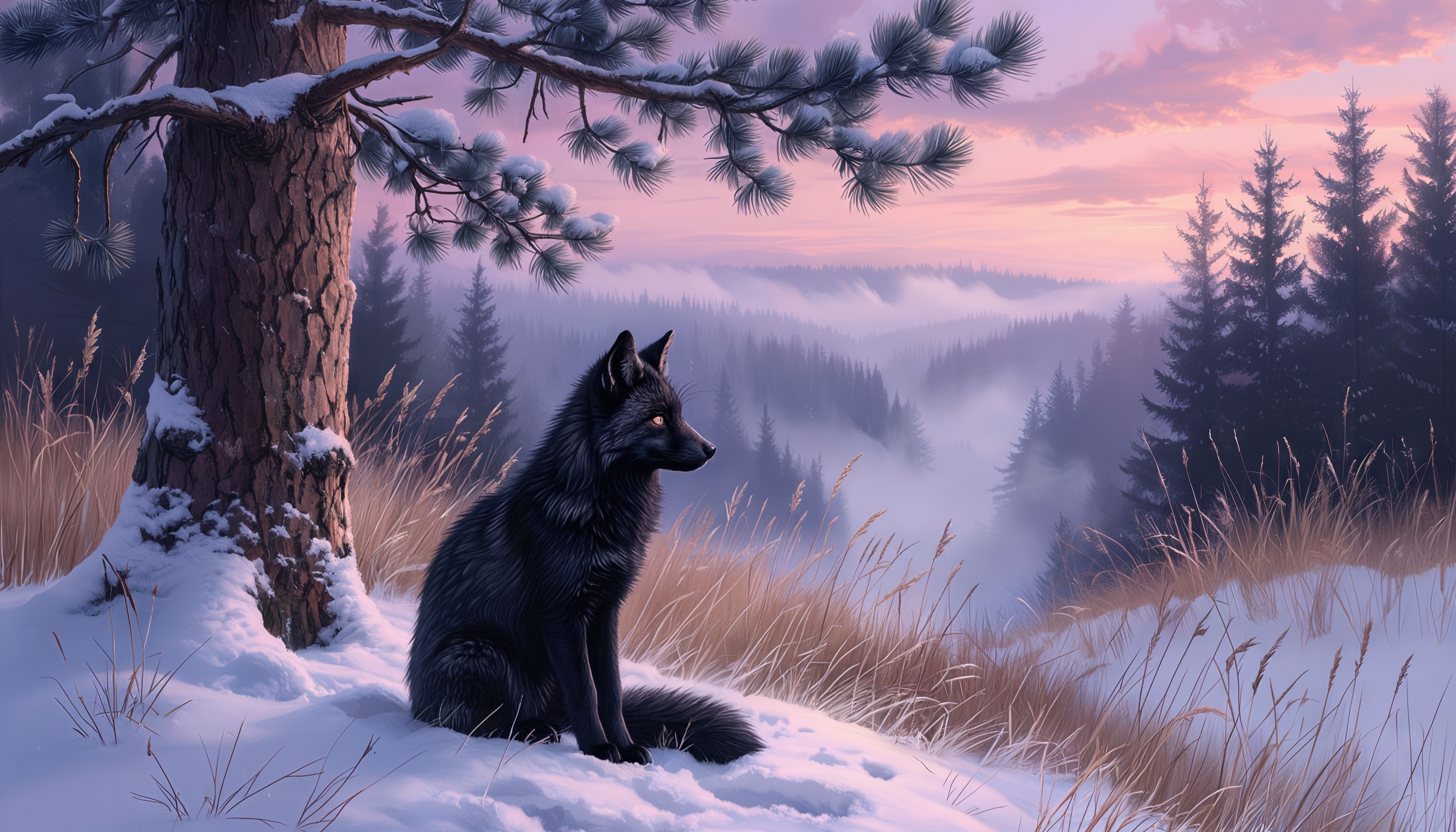 桌面上的壁纸狐狸 黑狐狸 冬季森林