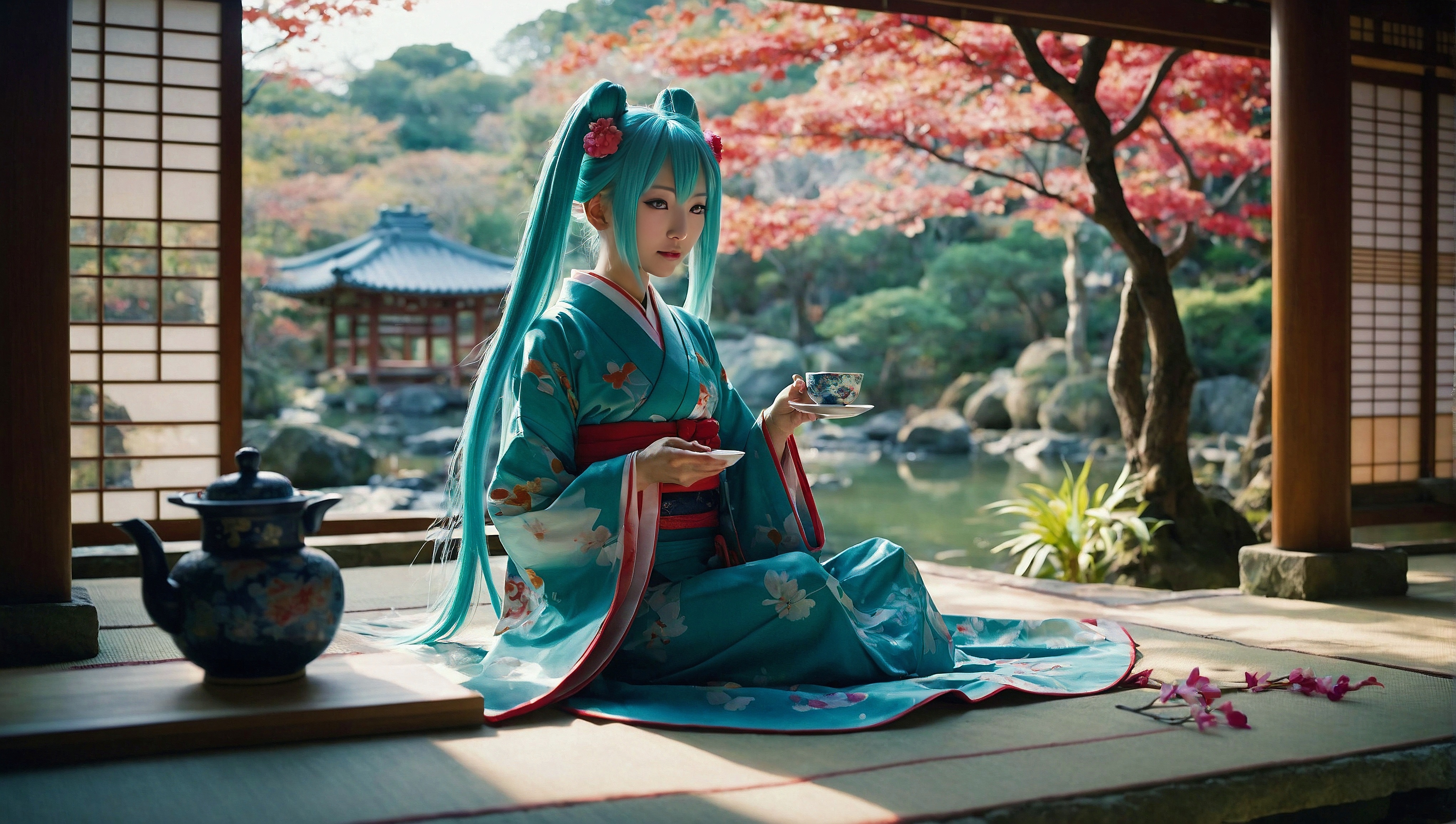 A woman in blue and pink sitting on top of a bed of flowers