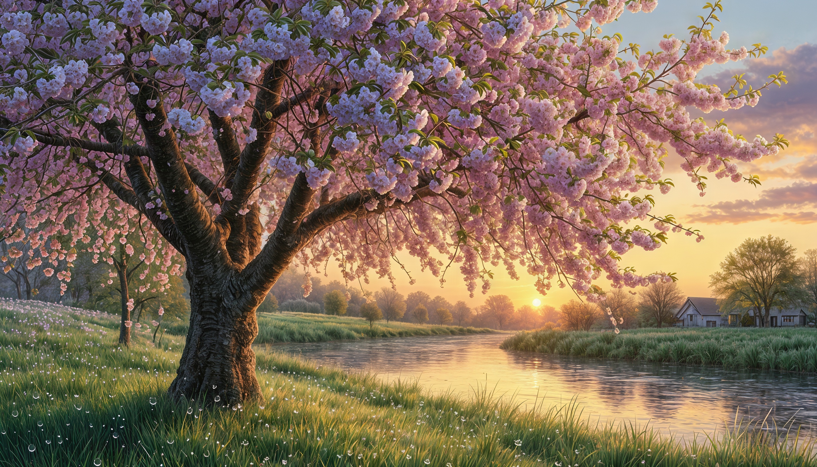 Бесплатное фото Весенний пейзаж с цветущей сакурой на фоне реки и заката.