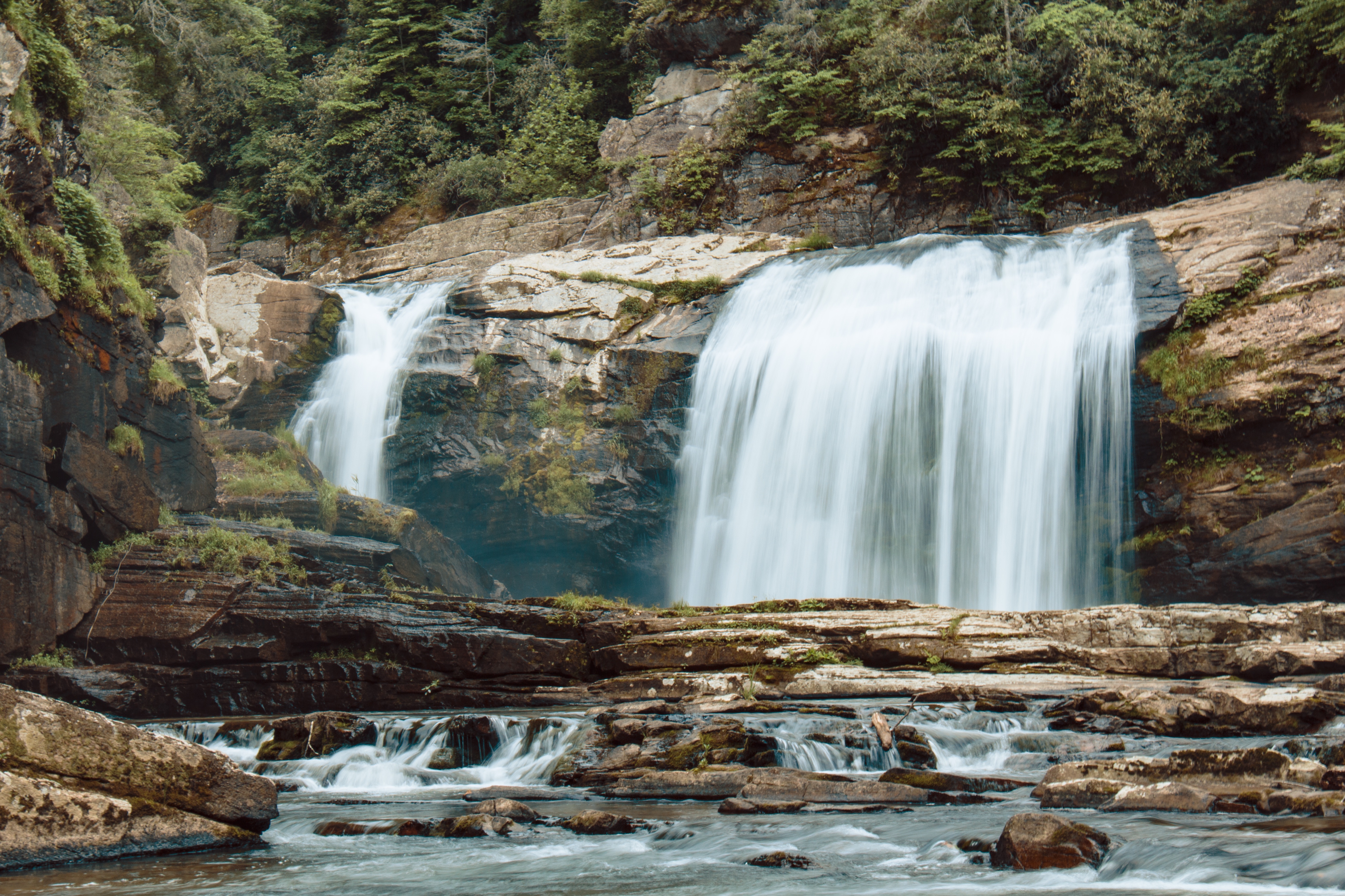 Free photo A waterfall in a forested rocky area