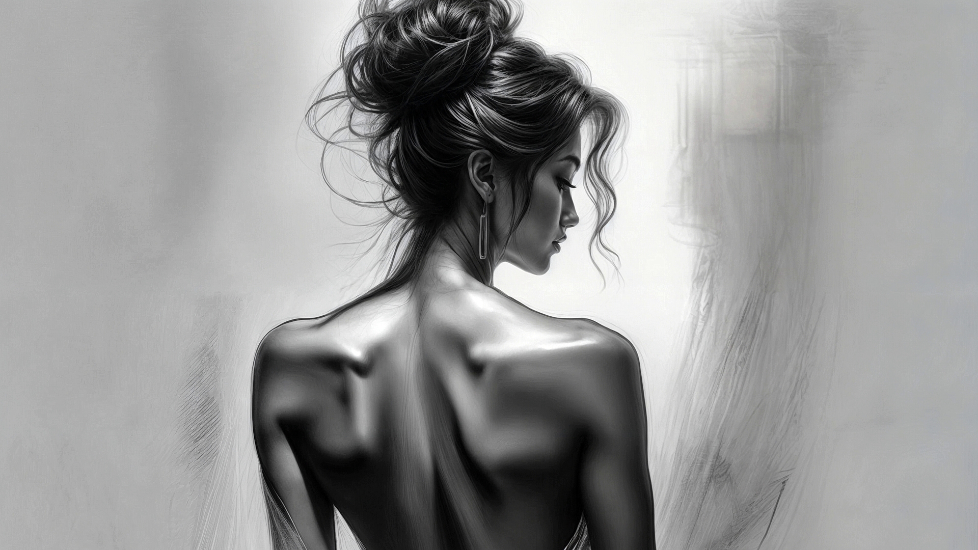 Бесплатное фото Рисунок девушки стоящей спиной на сером фоне