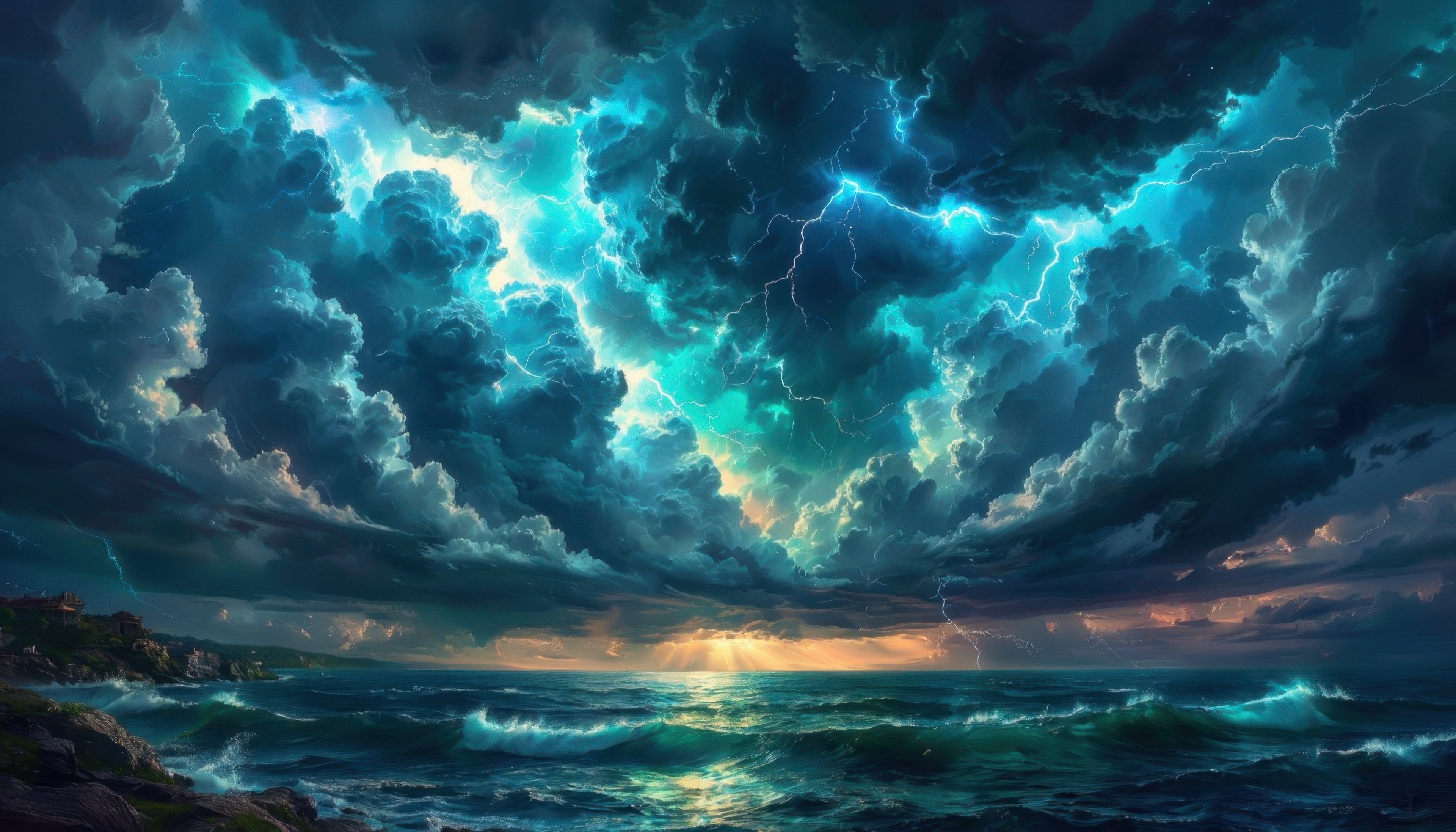 Бесплатное фото Грозовые тучи и молнии над бушующим морем.